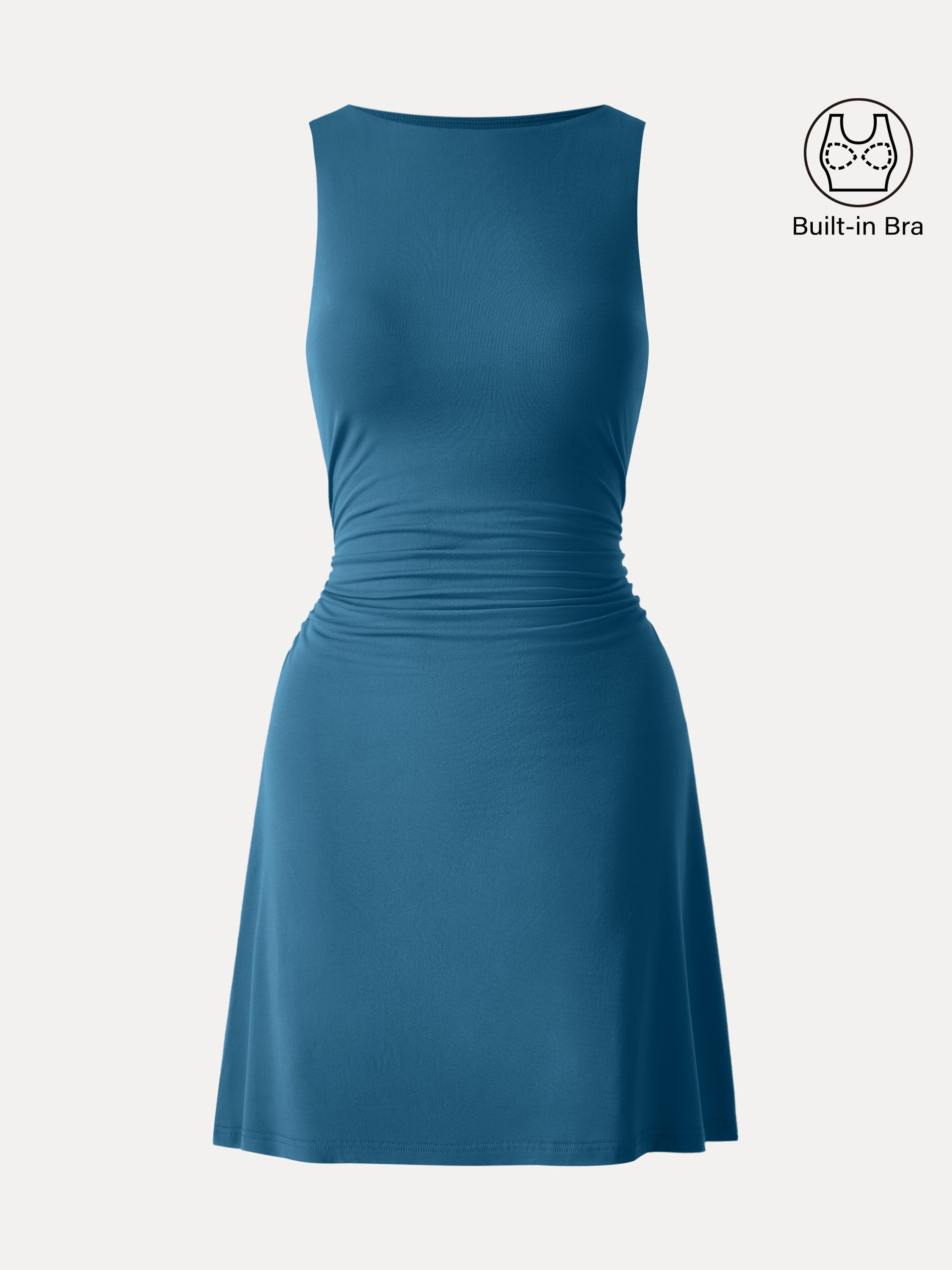 OGLmove Women's Boatneck Ruched A-Line Mini Bra Dress