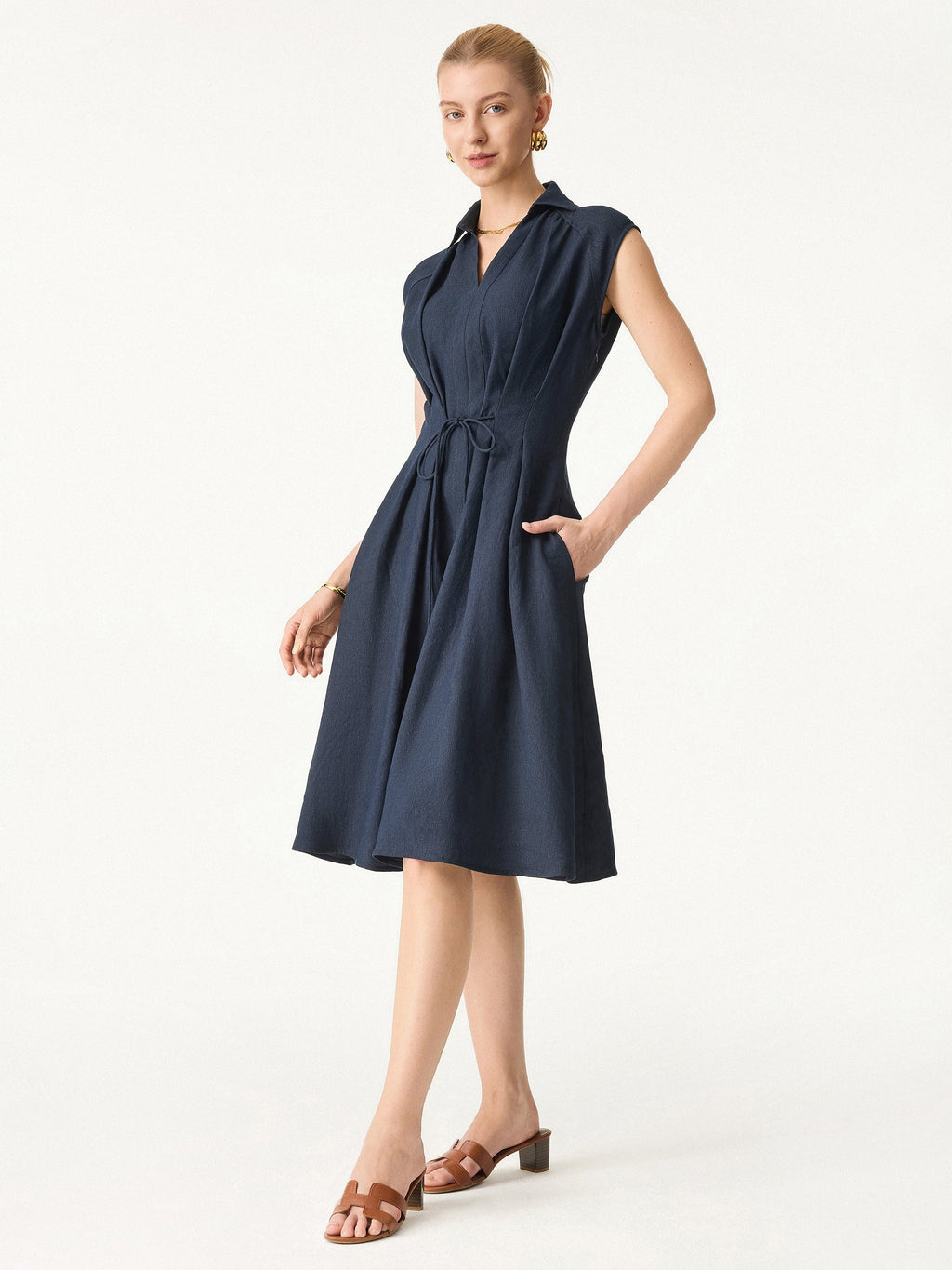 OGLmove Viscose-Linen Collared V-Neck Midi Dress with Drawstring