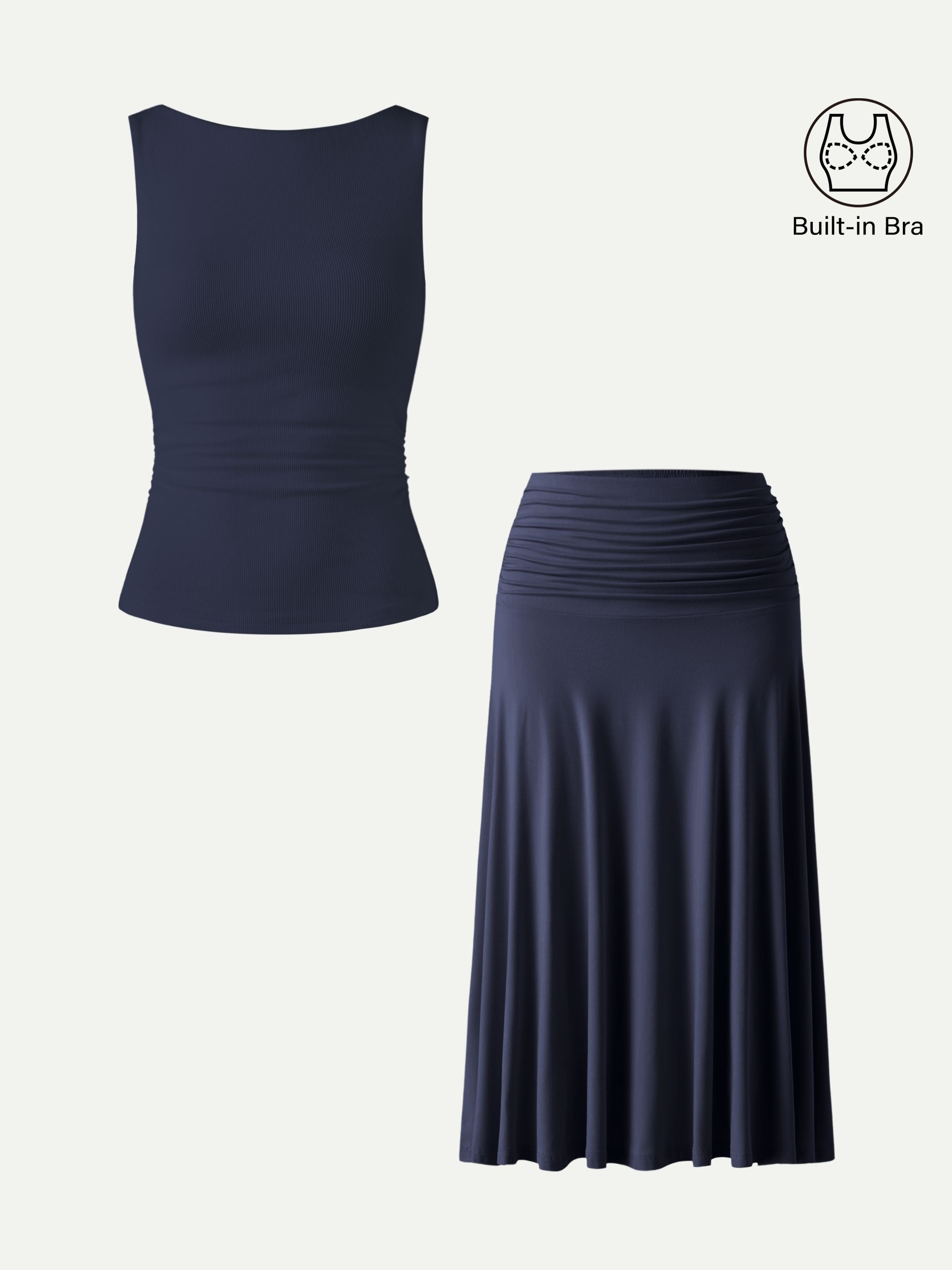 OGLmove Open Back Bra Tank & Side Ruched A-Line Midi Skirt Set