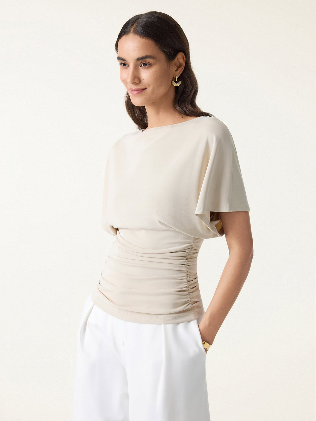 OGLmove Boatneck Batwing Sleeve Side Ruched Top