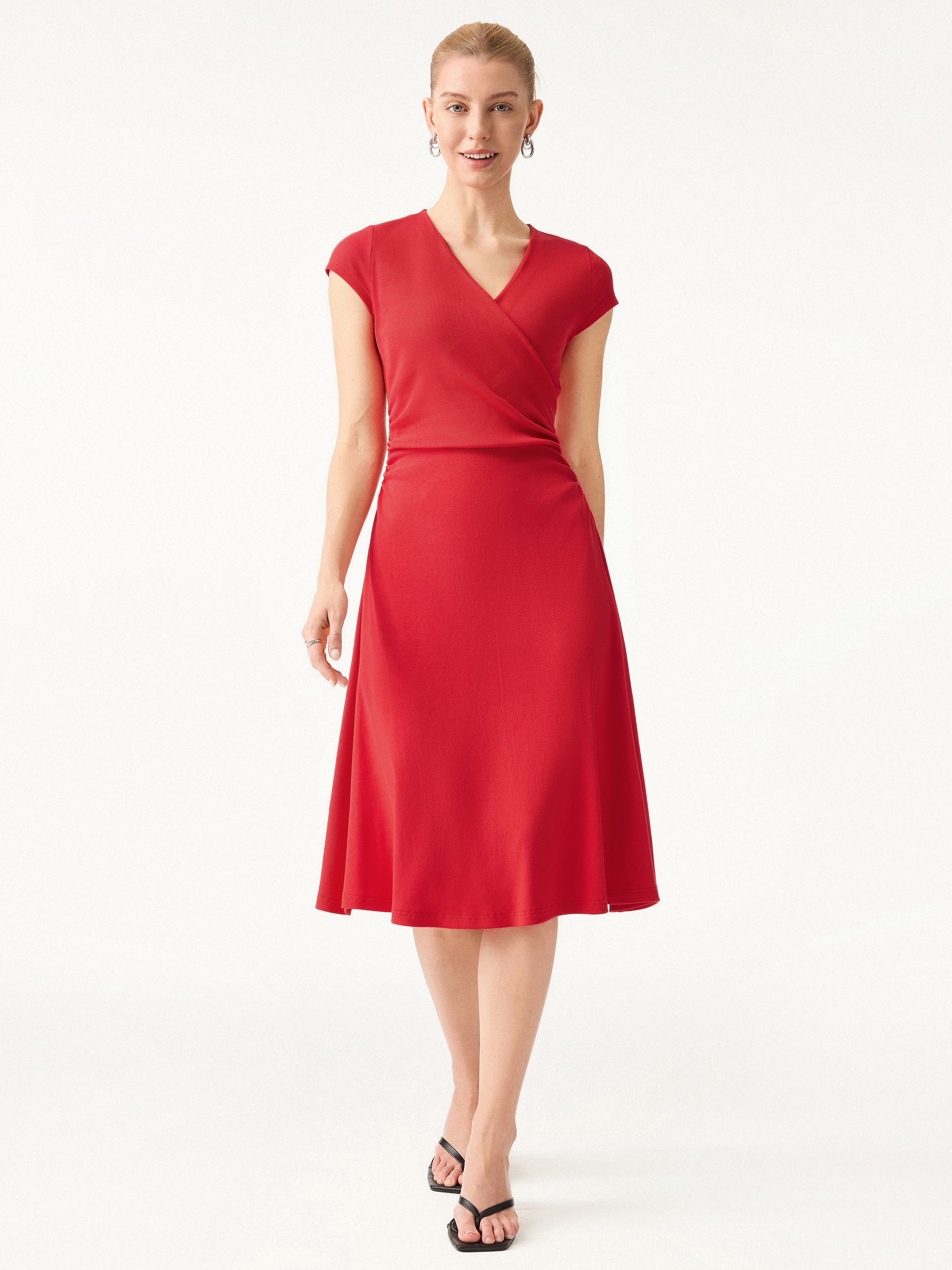 OGLmove Stretch Cotton Surplice V-Neck Cap Sleeve Midi Dress