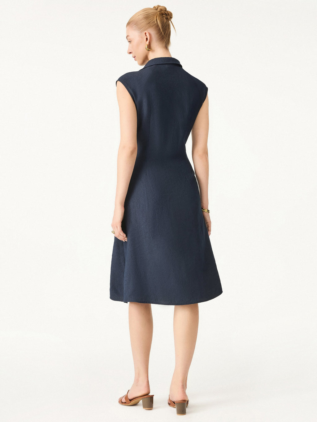 OGLmove Viscose-Linen Collared V-Neck Midi Dress with Drawstring
