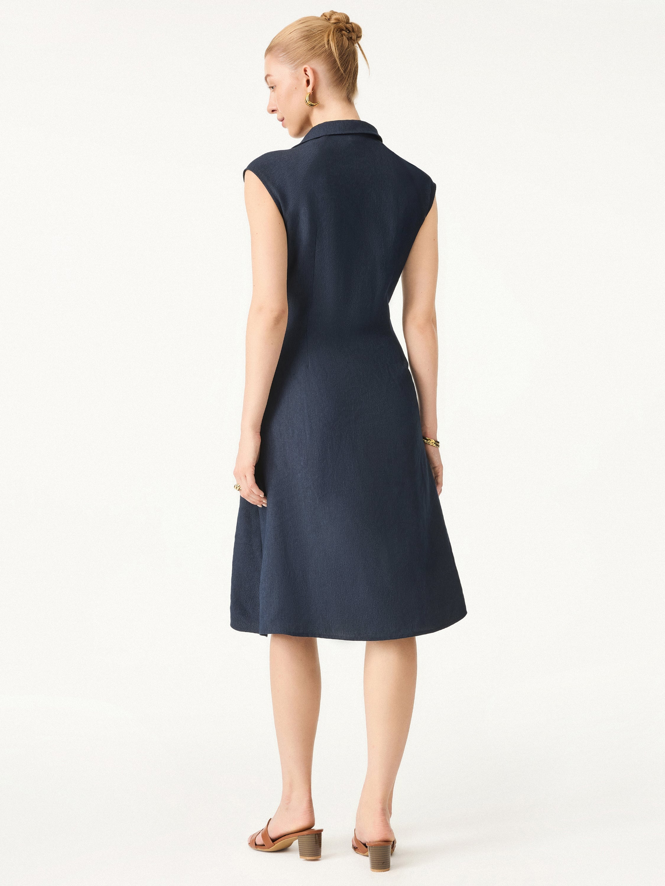 OGLmove Viscose-Linen Collared V-Neck Midi Dress with Drawstring
