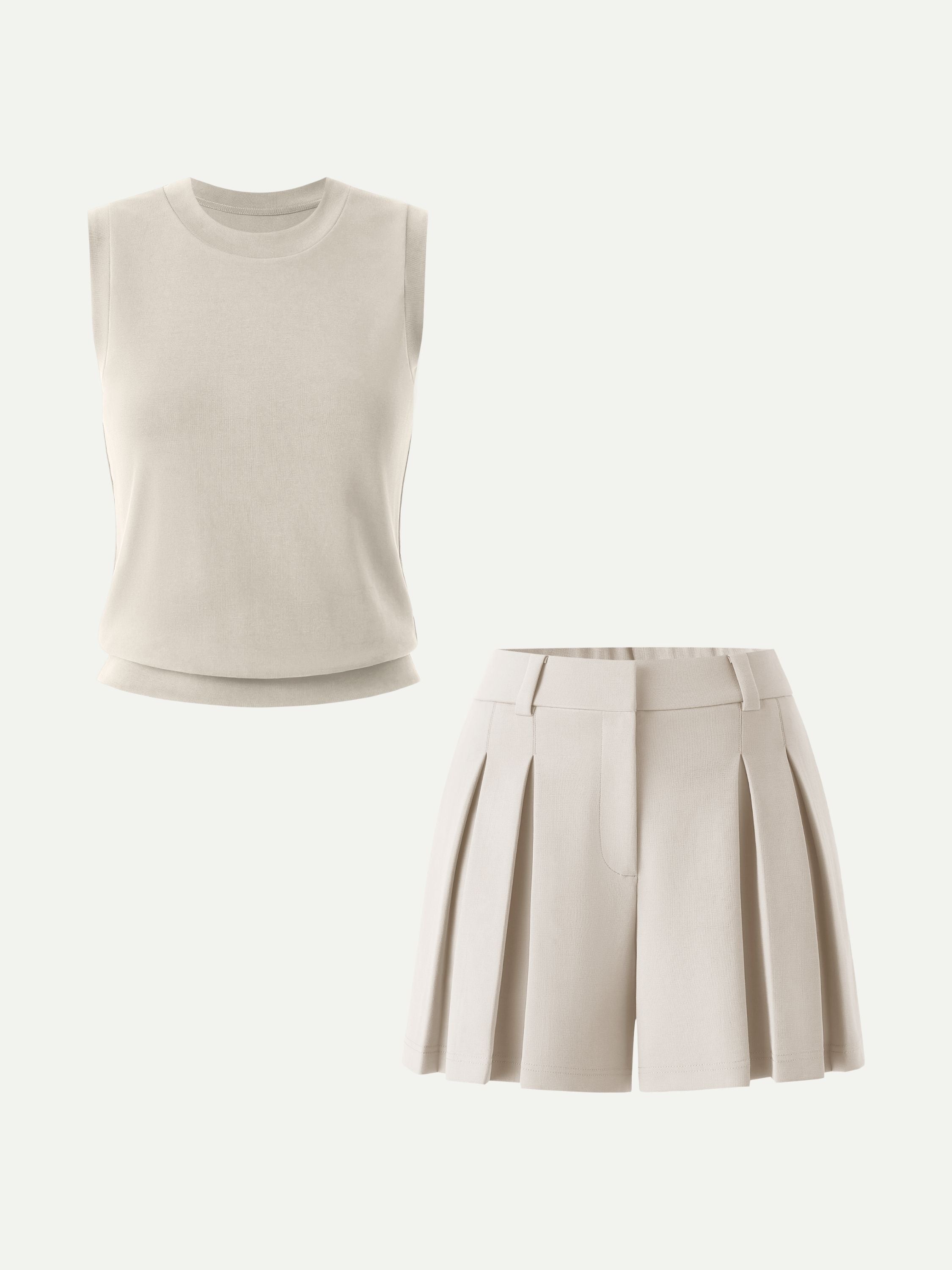 OGLmove Crew Neck Top and A-Line Pleated Shorts Set
