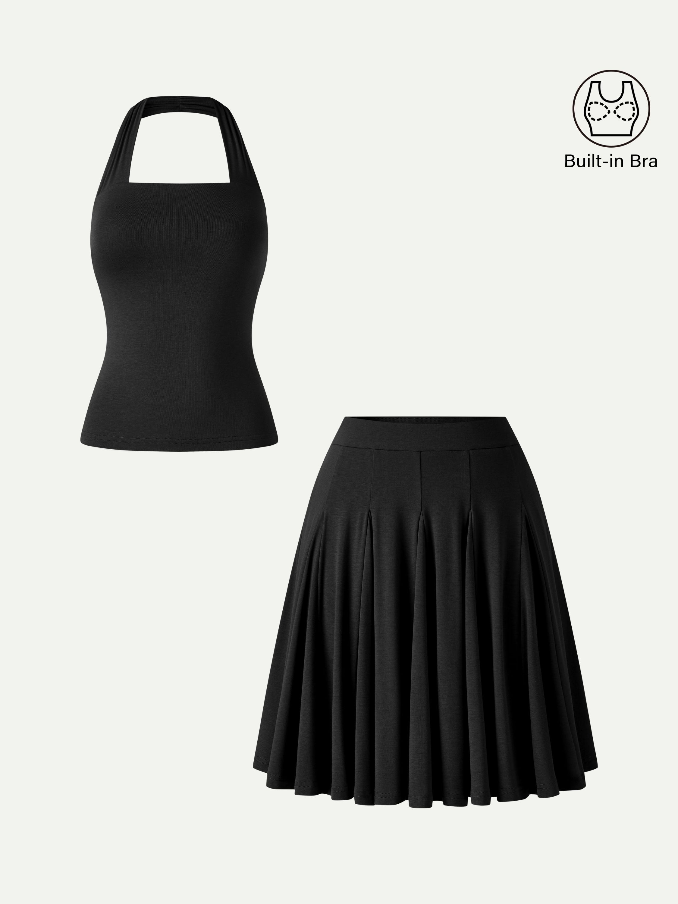 OGLmove Halter Going-Out Bra Top & Knee-Length Flare Skirt Set