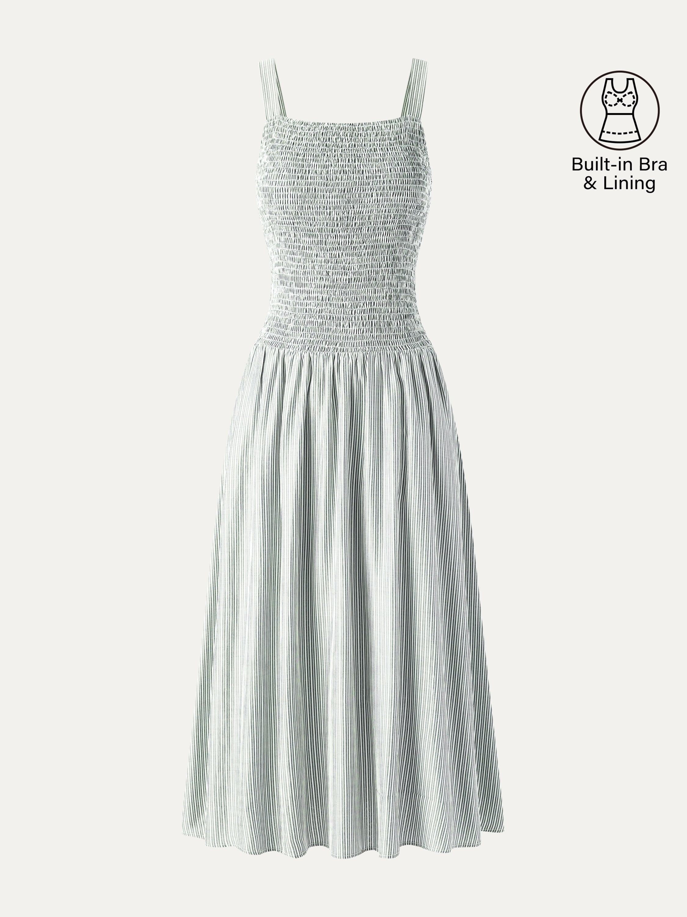 OGLmove Striped Poplin Square Neck Smocked Midi Bra Dress