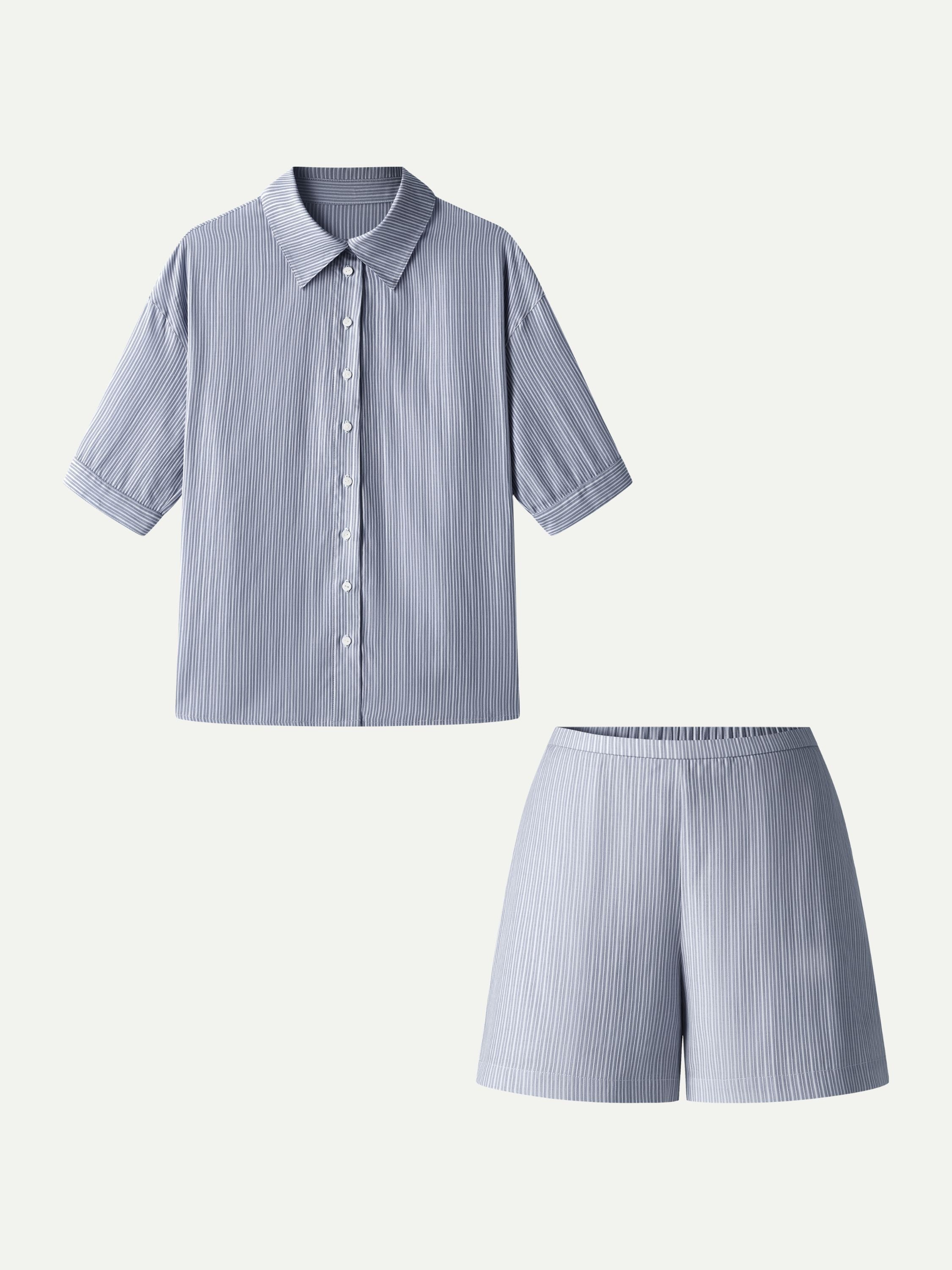 OGLmove BreezeEasy Striped 2-Piece Collared Shirt and Shorts Set