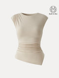 OGLmove Women's Matte Smooth Cap Sleeve Ruched Asymmetrical Bra Top