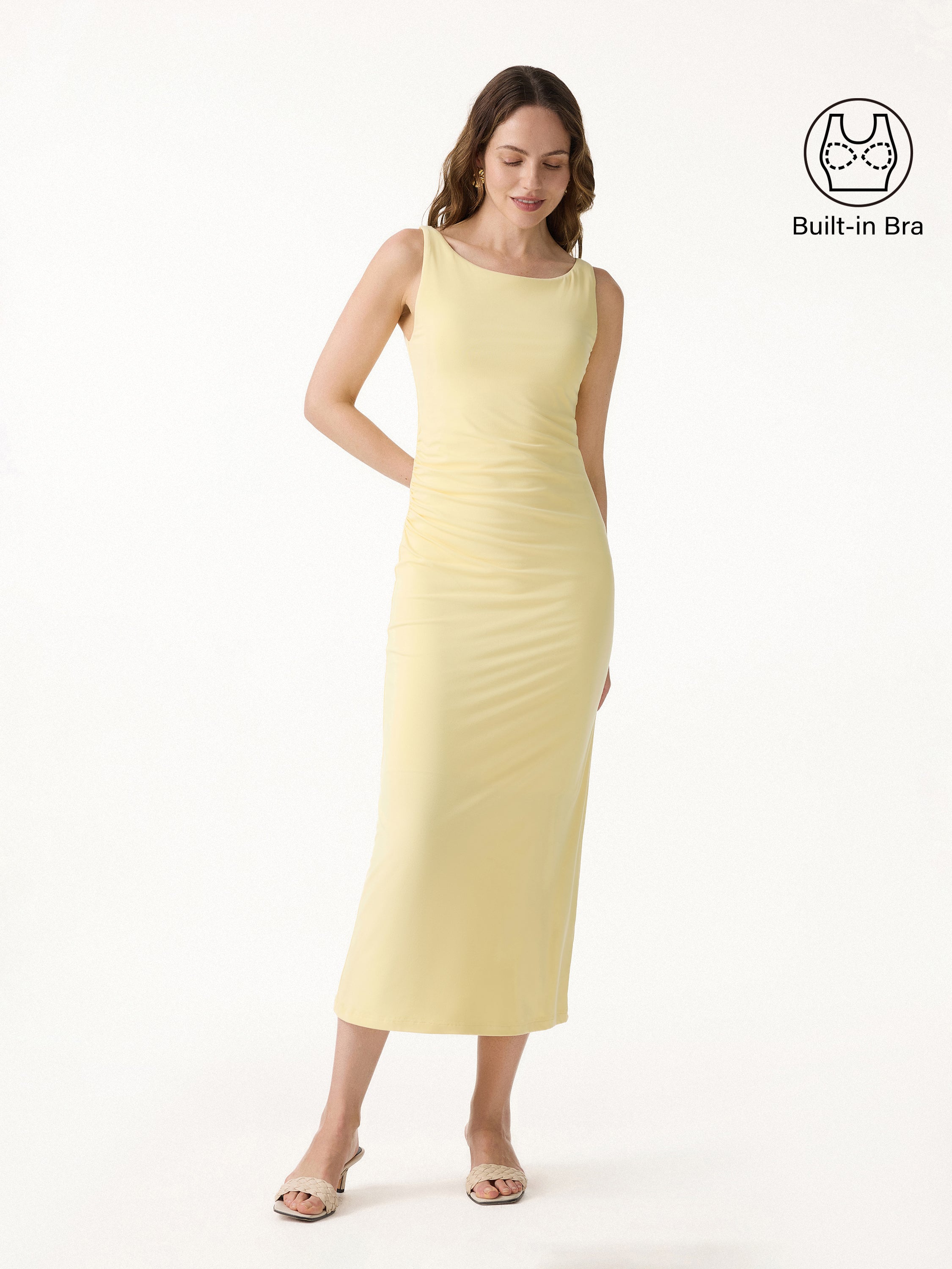 OGLmove Women's Boatneck Ruched Midi Bra Dress