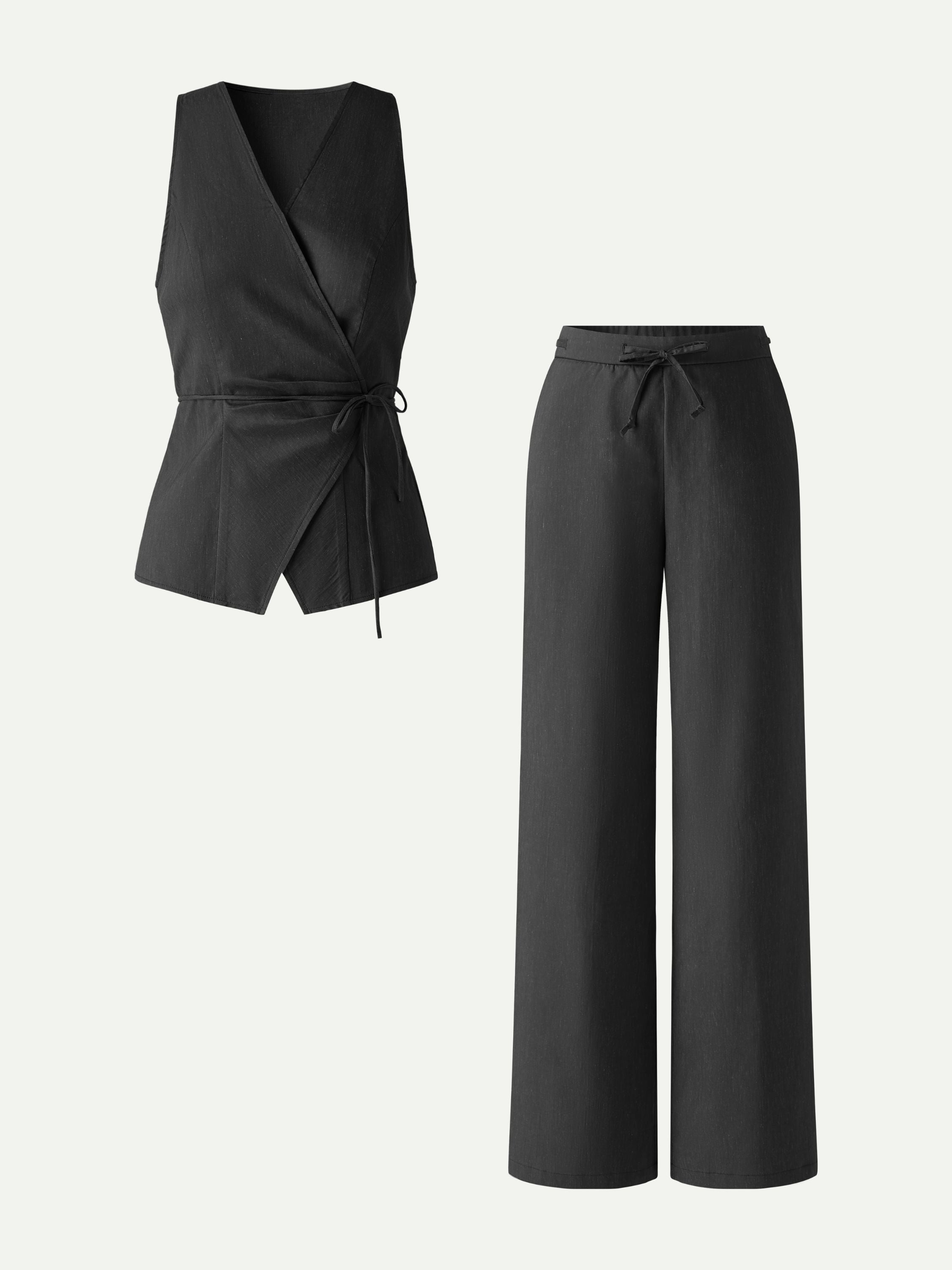 OGLmove 2Pcs Wrap Top and Wide Leg Pant Set with Pockets