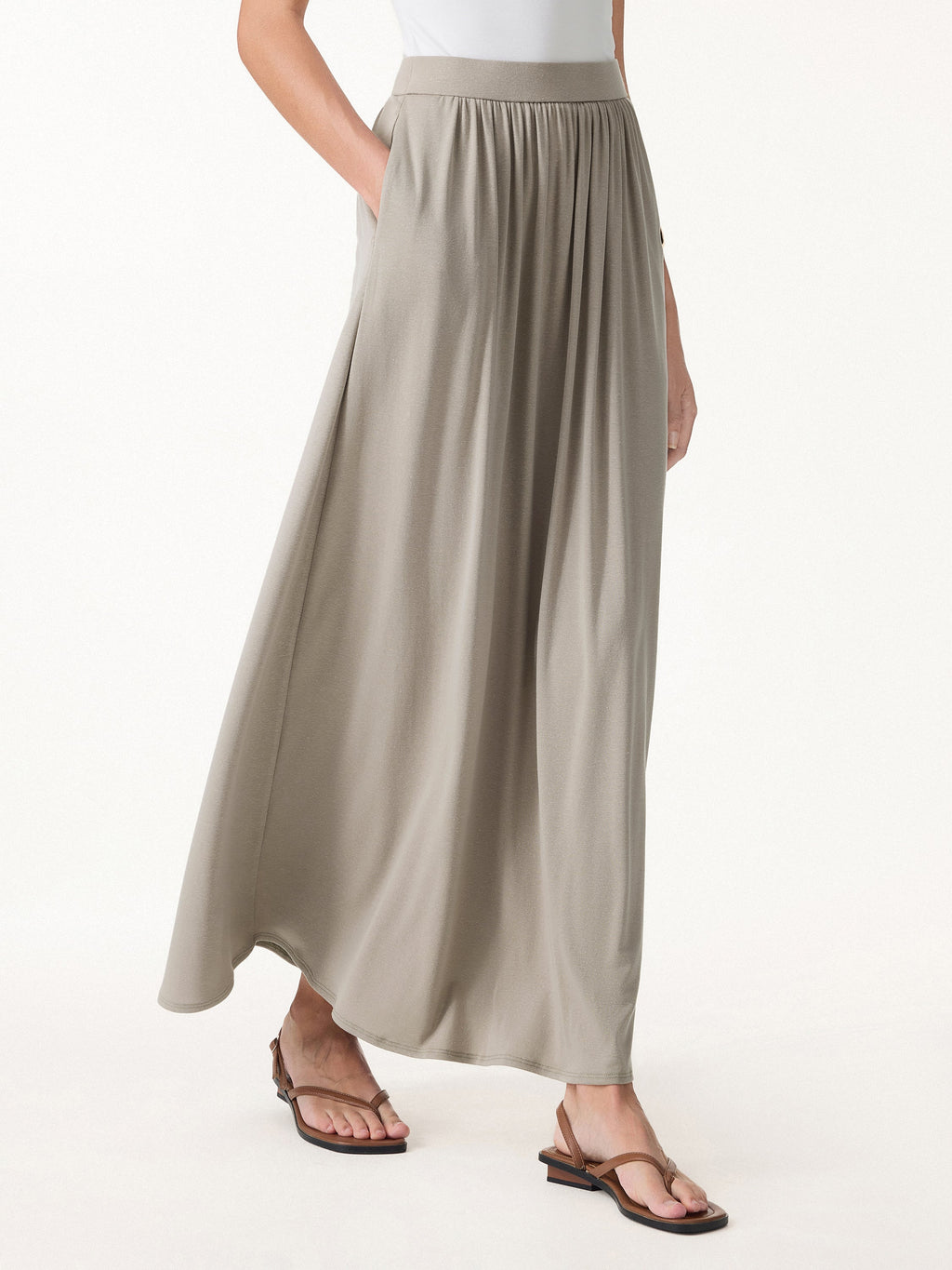 OGLmove Soft Linen Knit Gathered A-Line Maxi Skirt with Pockets