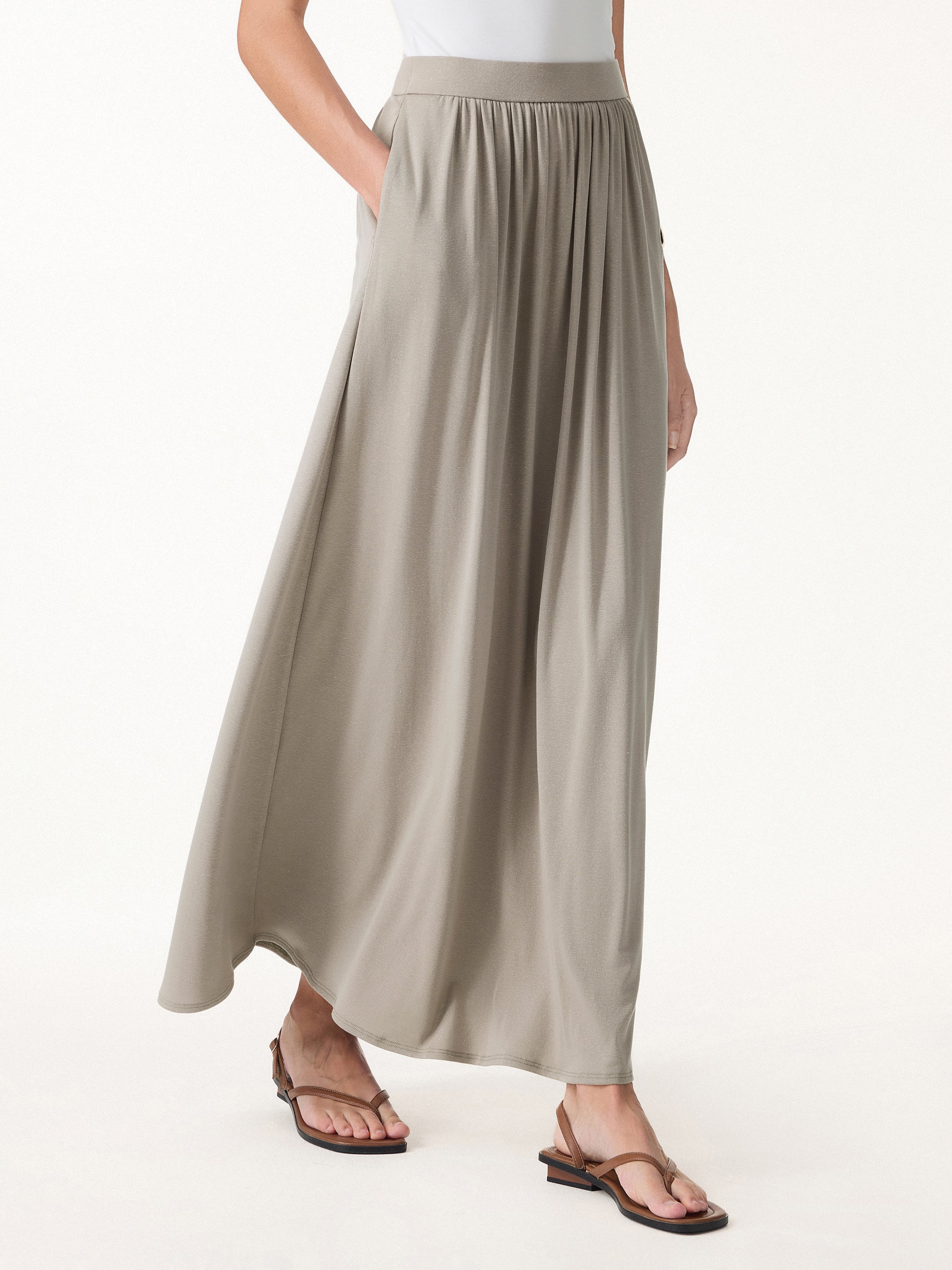 OGLmove Soft Linen Knit Gathered A-Line Maxi Skirt with Pockets