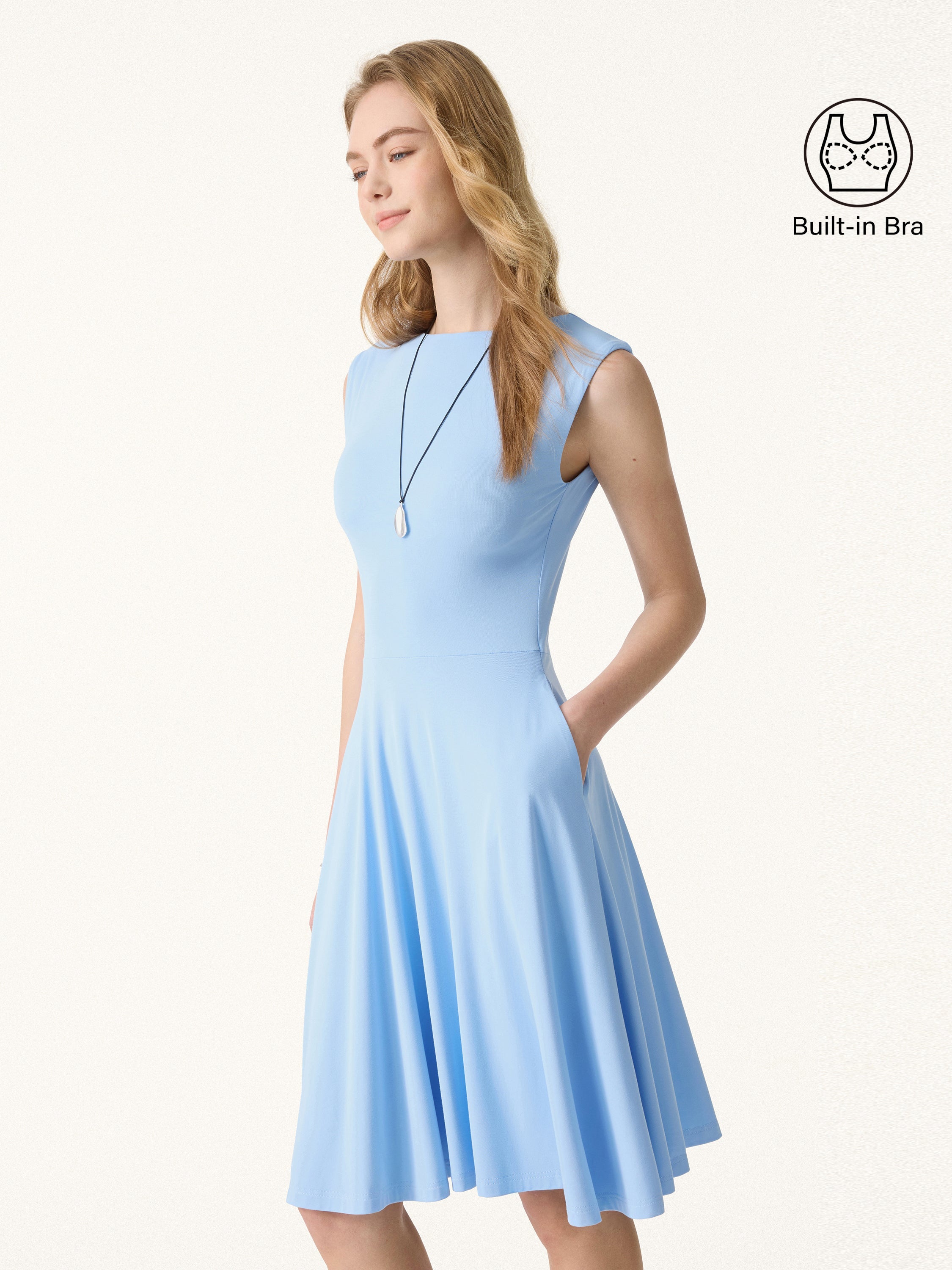 OGLmove Women's Boatneck Wide Shoulder Bra Dress with Pockets