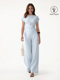 OGLmove Women's 2-Piece Set Round Neck Ruched Tee Wide Leg