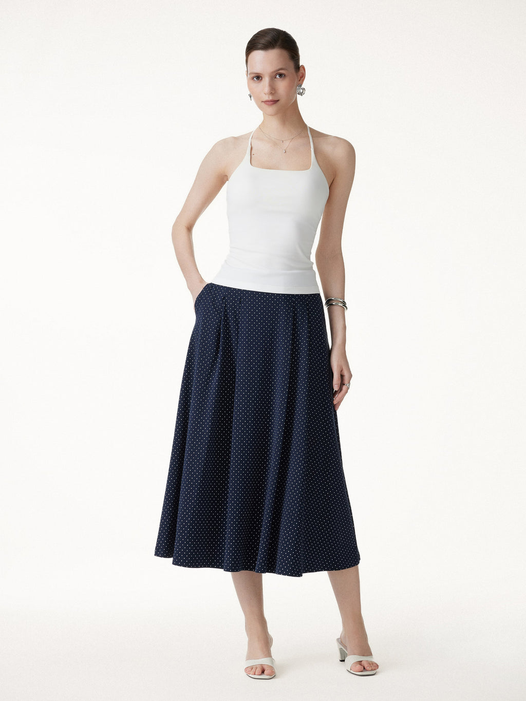 OGLmove Stretch Cotton Polka Dot A-Line Flare Midi Skirt with Pockets