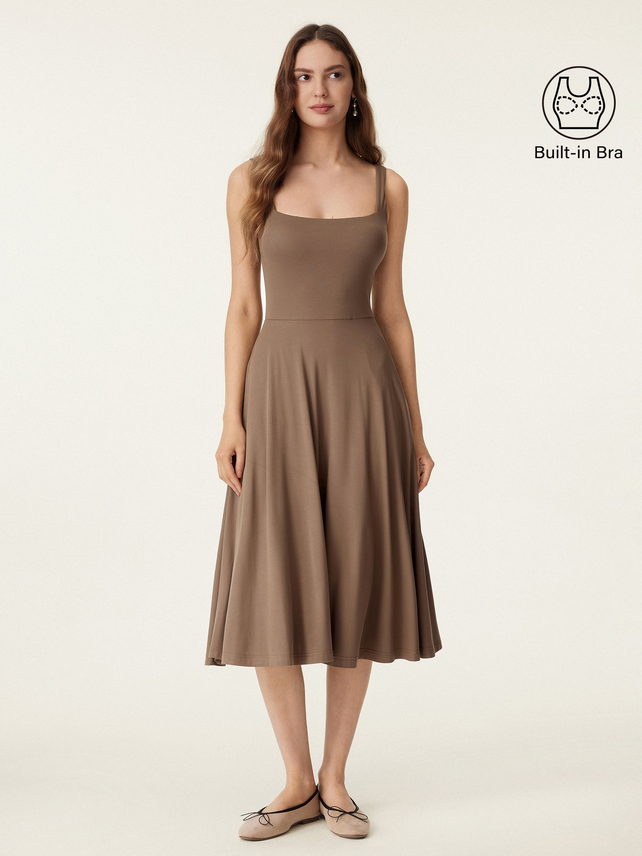 OGLmove Square Neck Flowy New Airy Bra Midi Dress