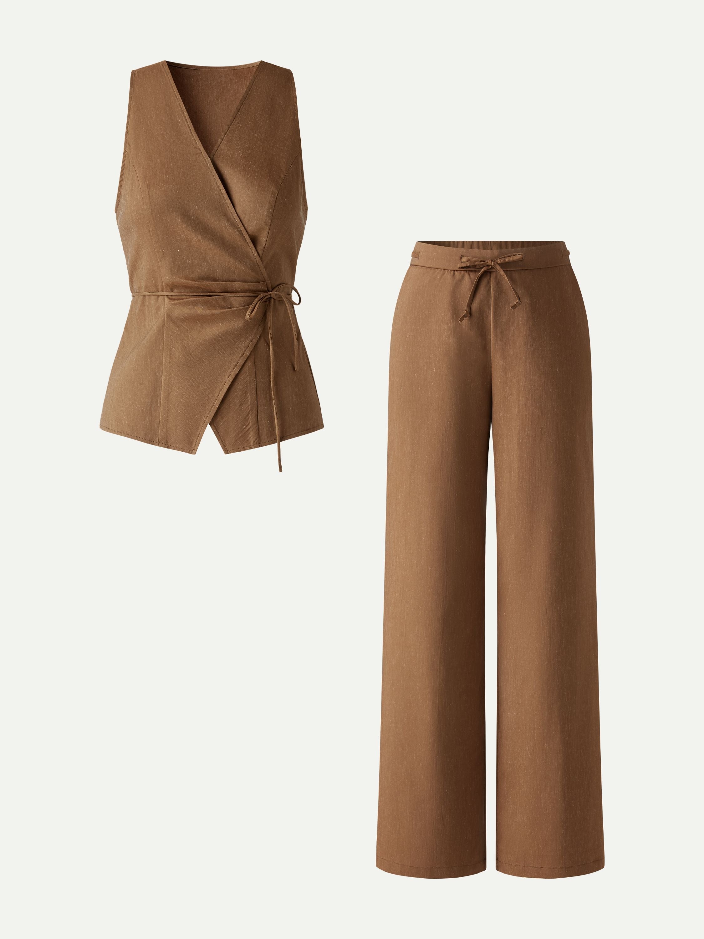 OGLmove 2Pcs Wrap Top and Wide Leg Pant Set with Pockets
