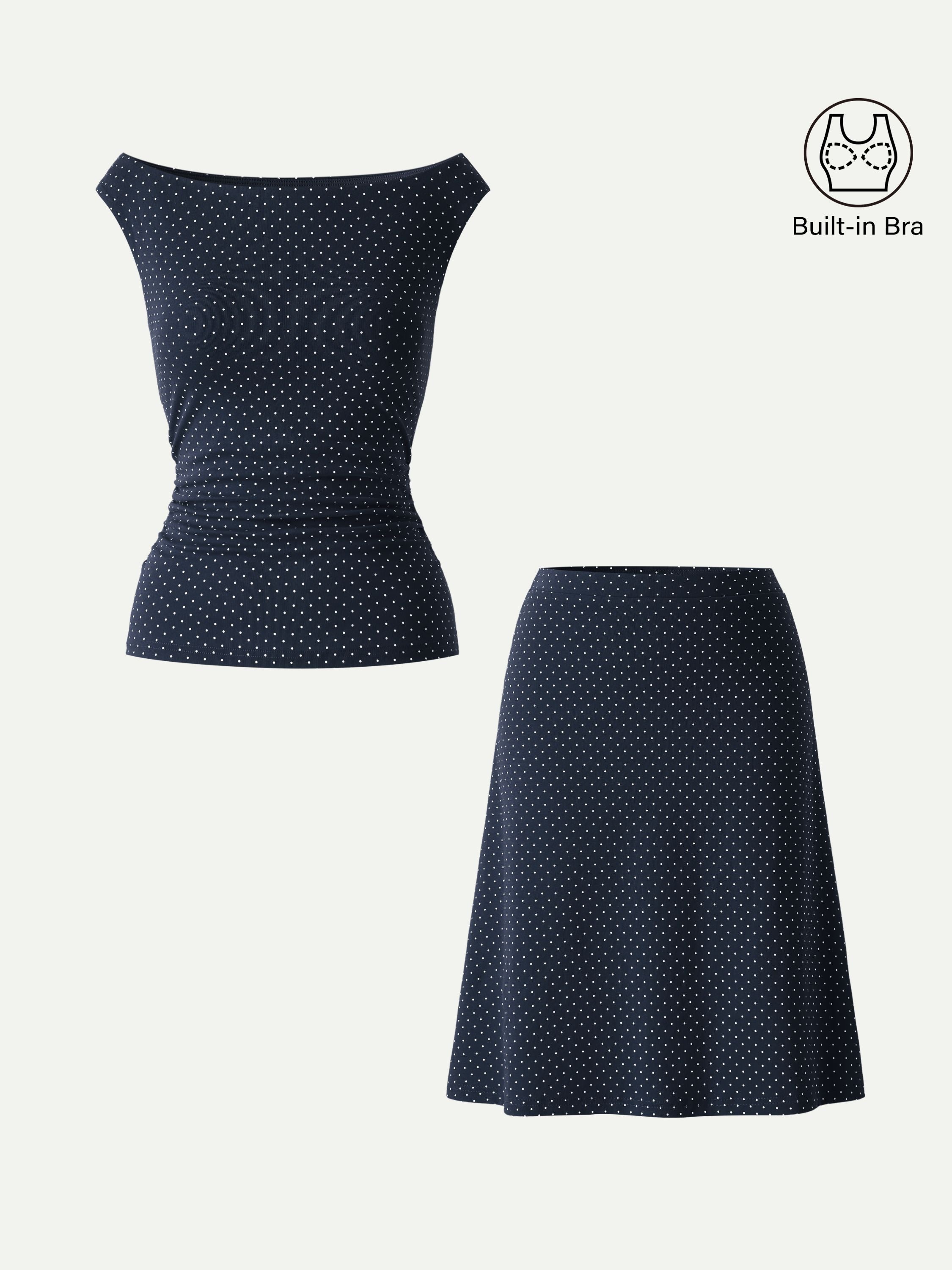 OGLmove Polka Dot Boatneck Bra Top & A-Line Flare Skirt Set