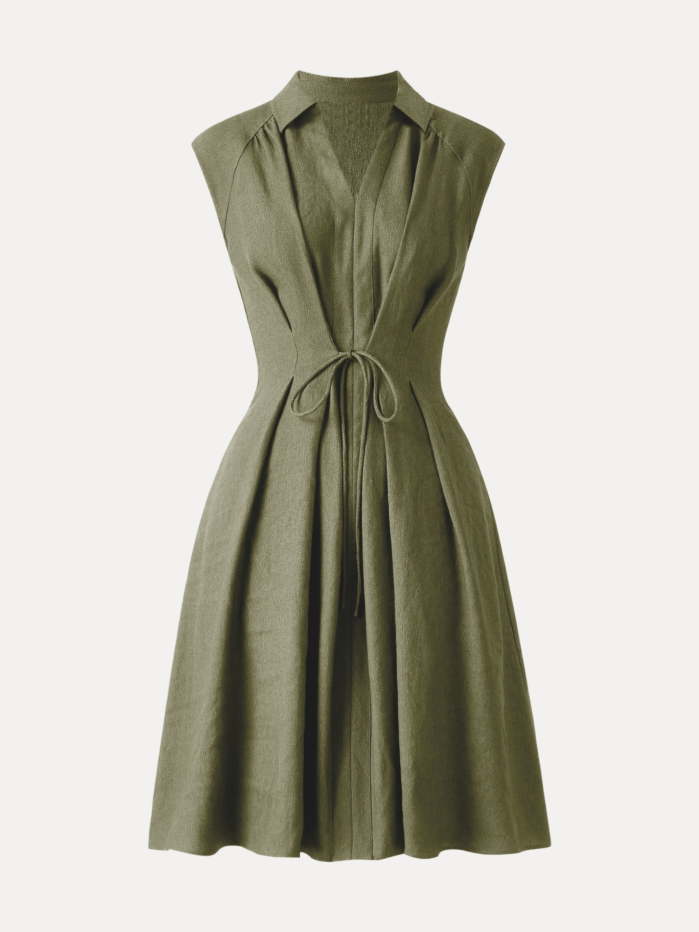 OGLmove Viscose-Linen Collared V-Neck Midi Dress with Drawstring