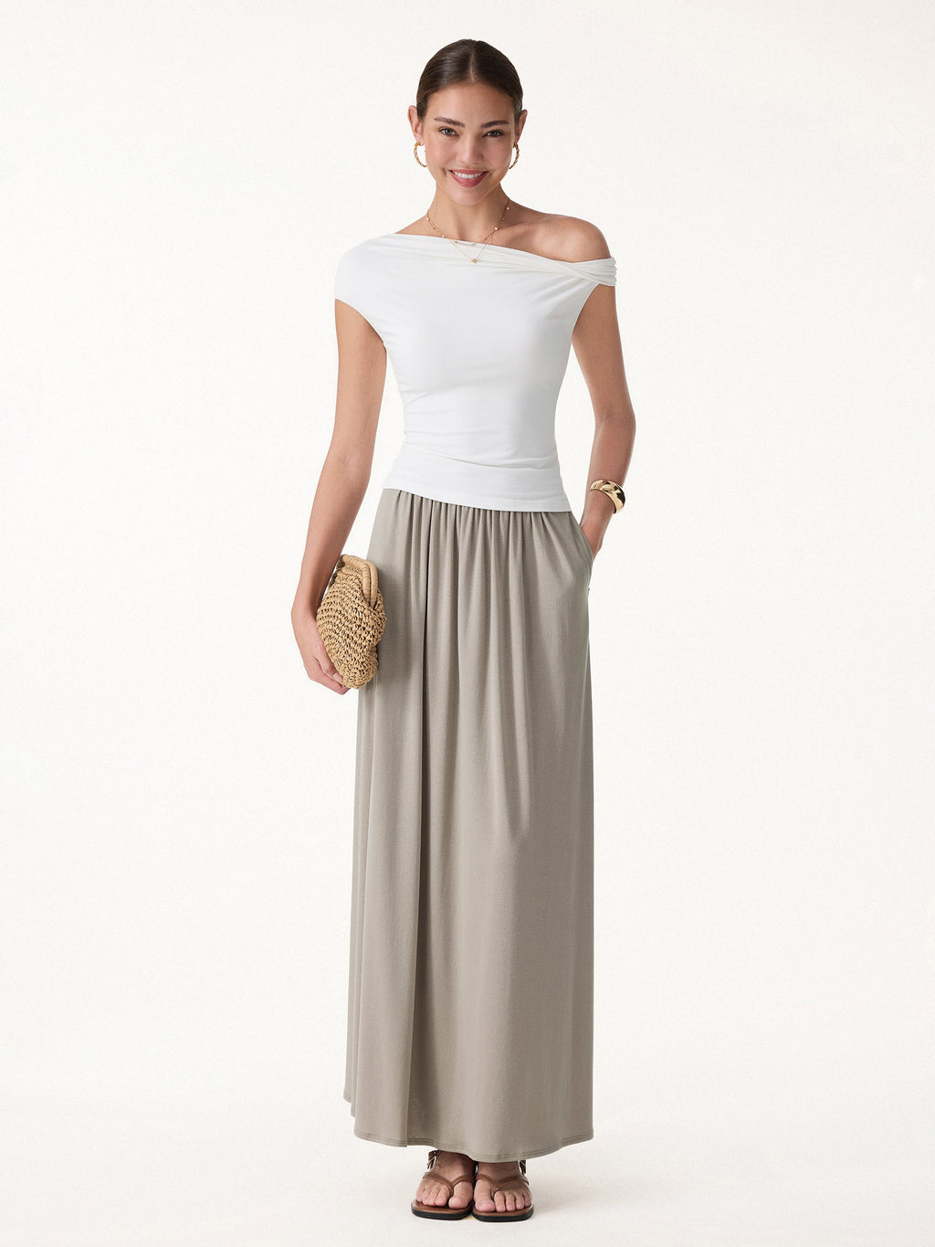 OGLmove Soft Linen Knit Gathered A-Line Maxi Skirt with Pockets