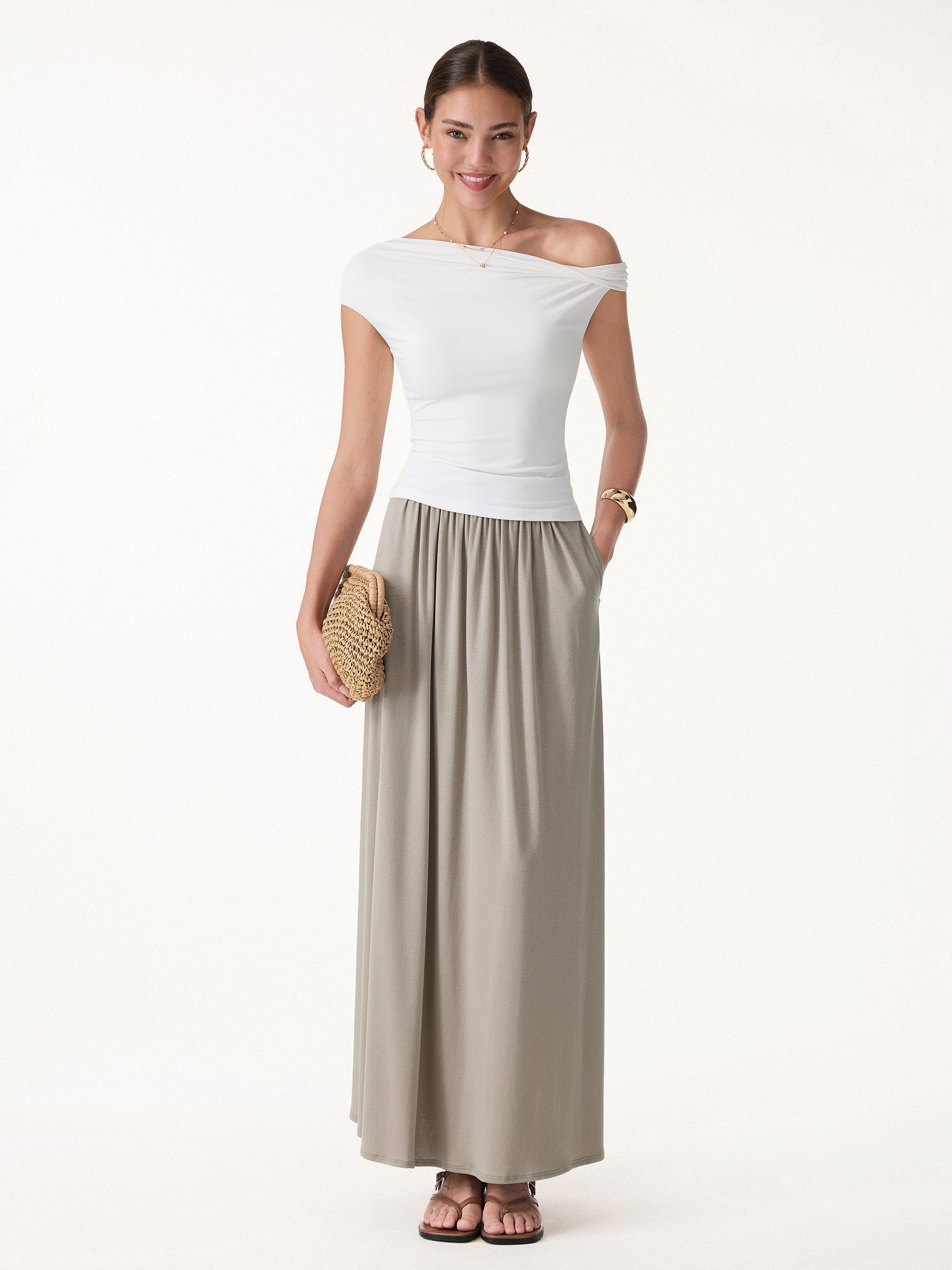 OGLmove Soft Linen Knit Gathered A-Line Maxi Skirt with Pockets