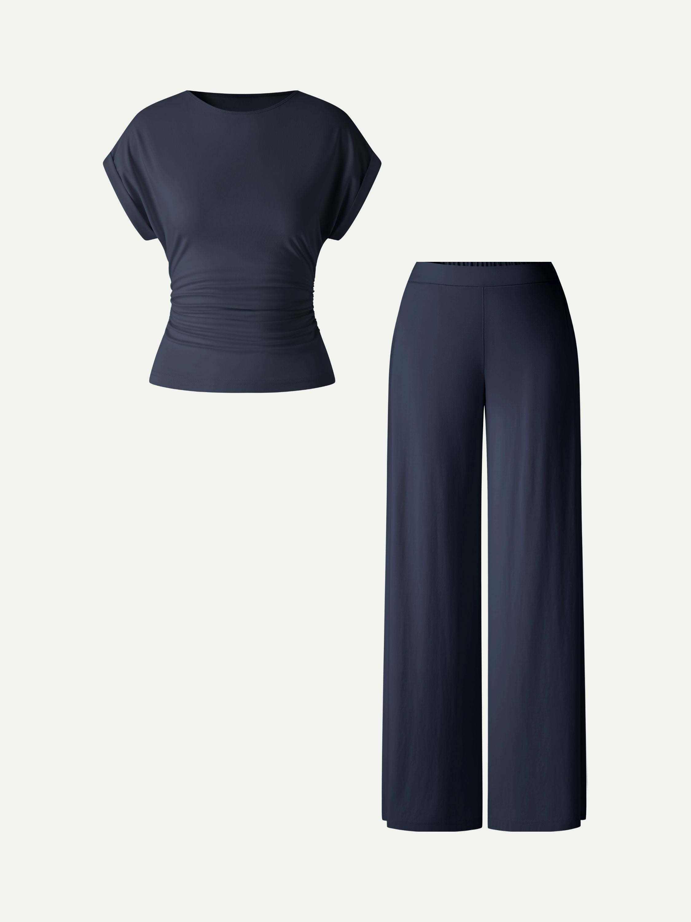 OGLmove Women's 2-Piece Set Round Neck Ruched Tee Wide Leg