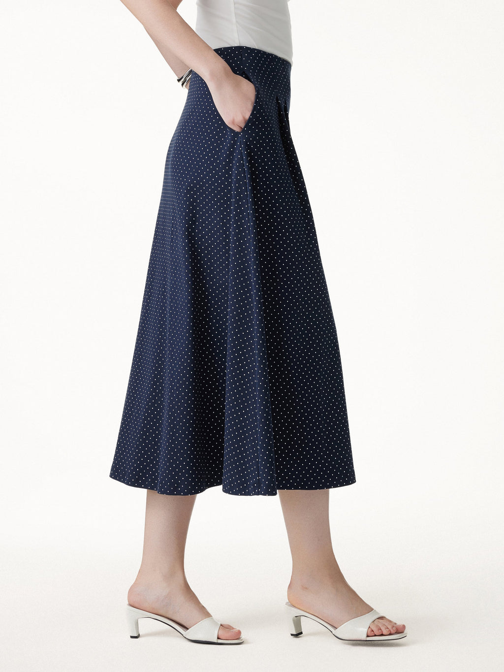 OGLmove Stretch Cotton Polka Dot A-Line Flare Midi Skirt with Pockets