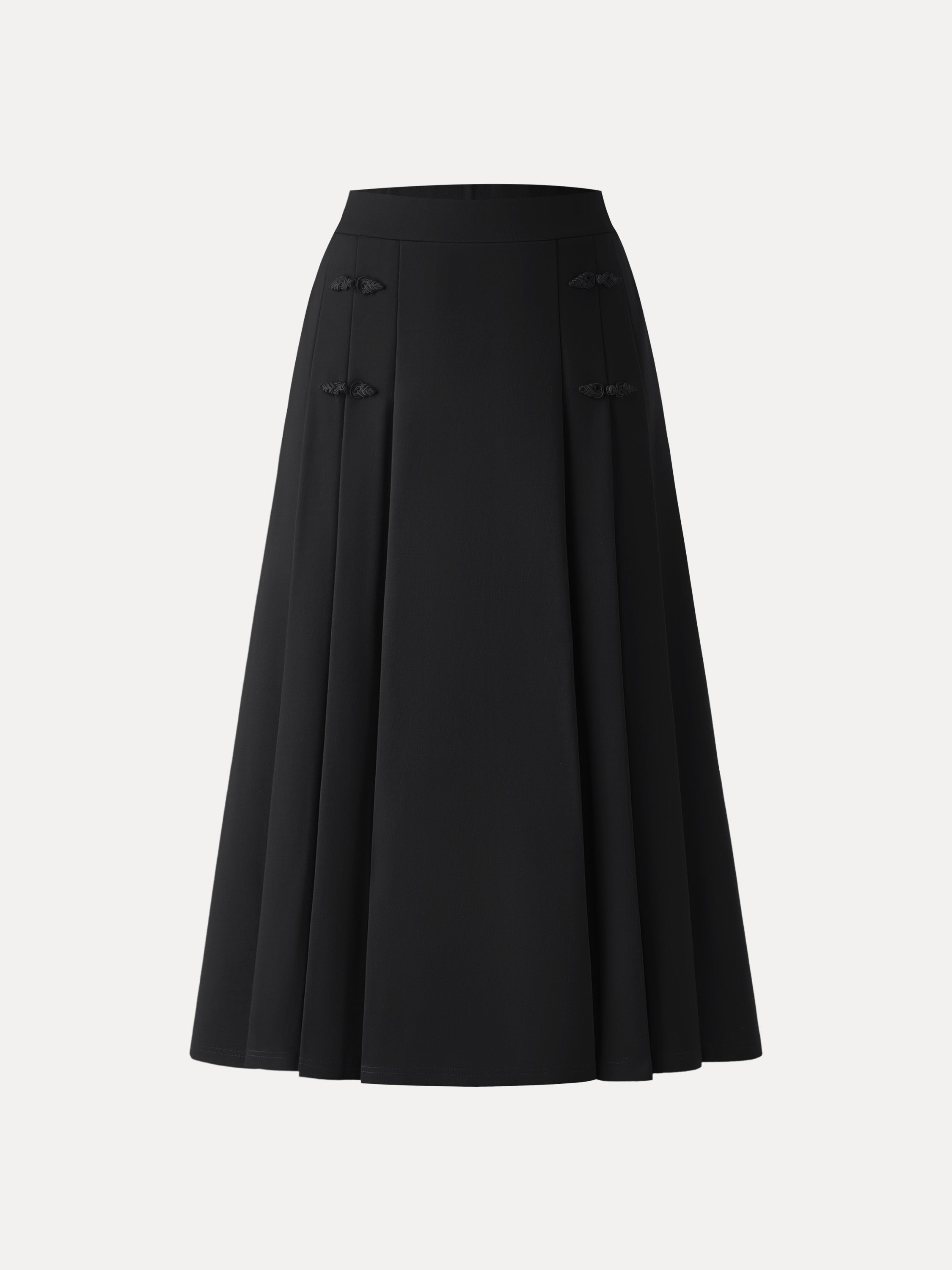 OGLmove Pleated Frog Button Decor A-Line Midi Skirt