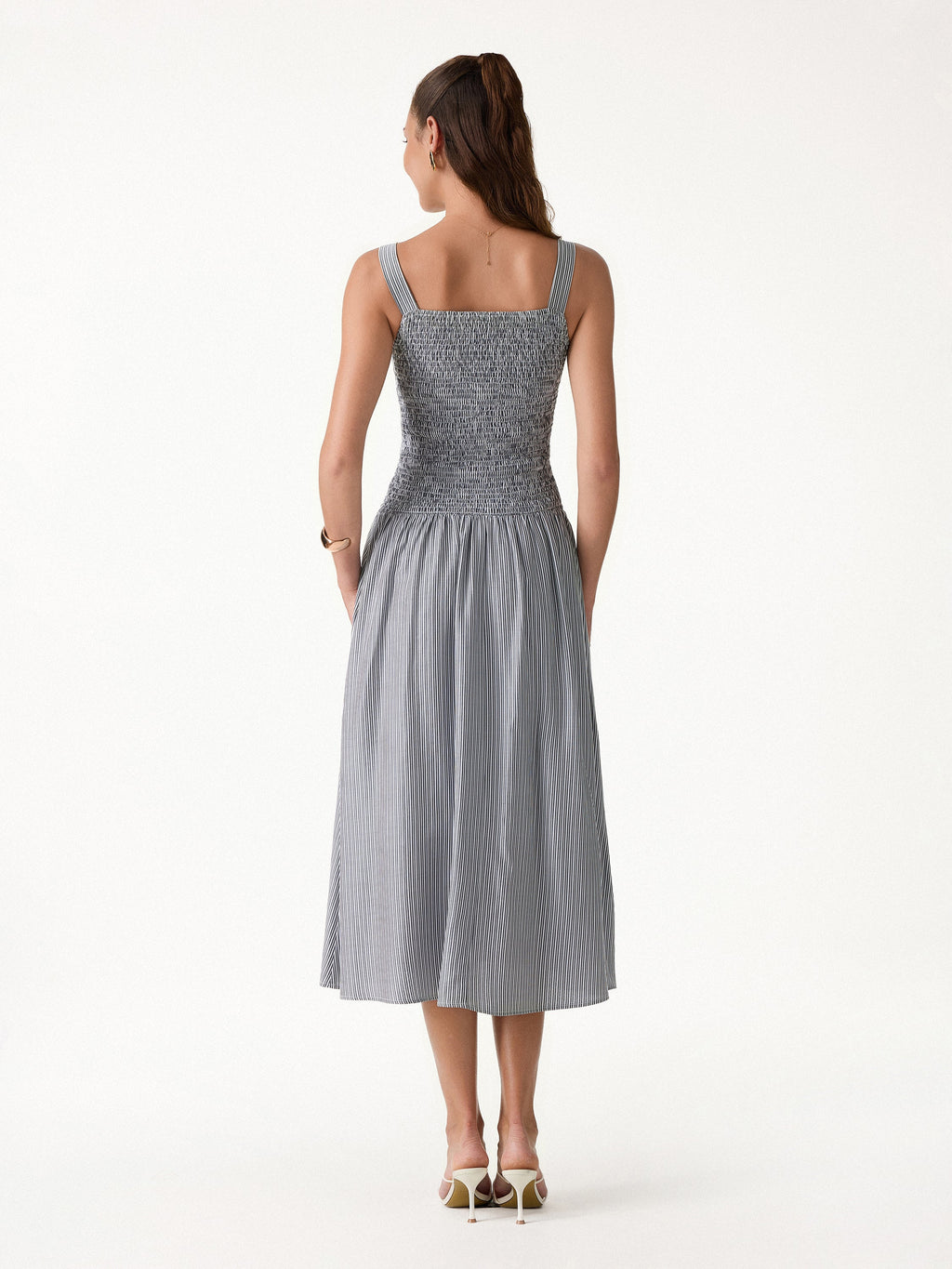 OGLmove Striped Poplin Square Neck Smocked Midi Bra Dress