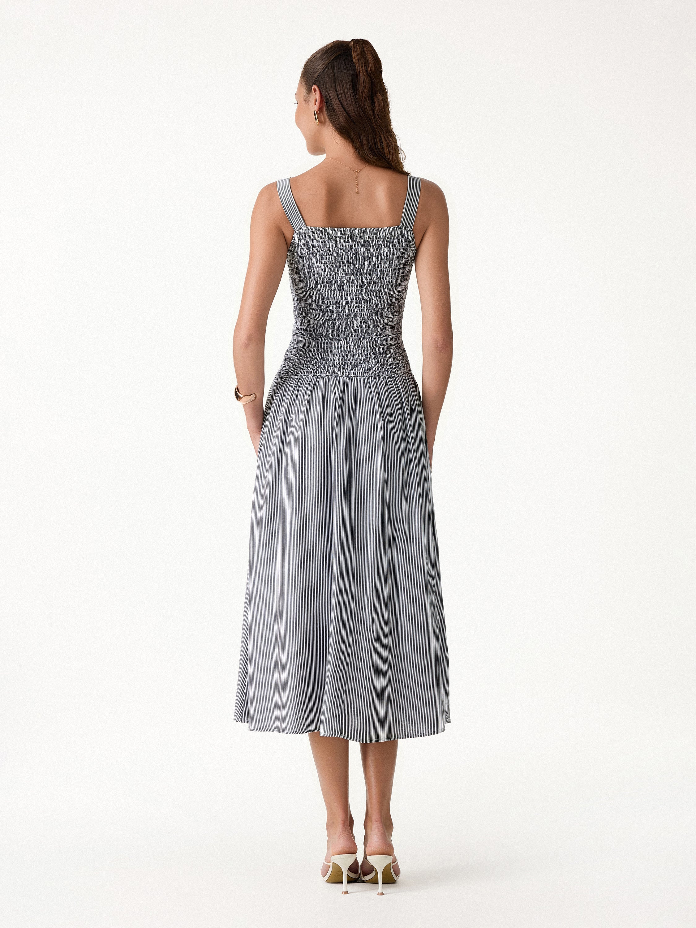 OGLmove Striped Poplin Square Neck Smocked Midi Bra Dress