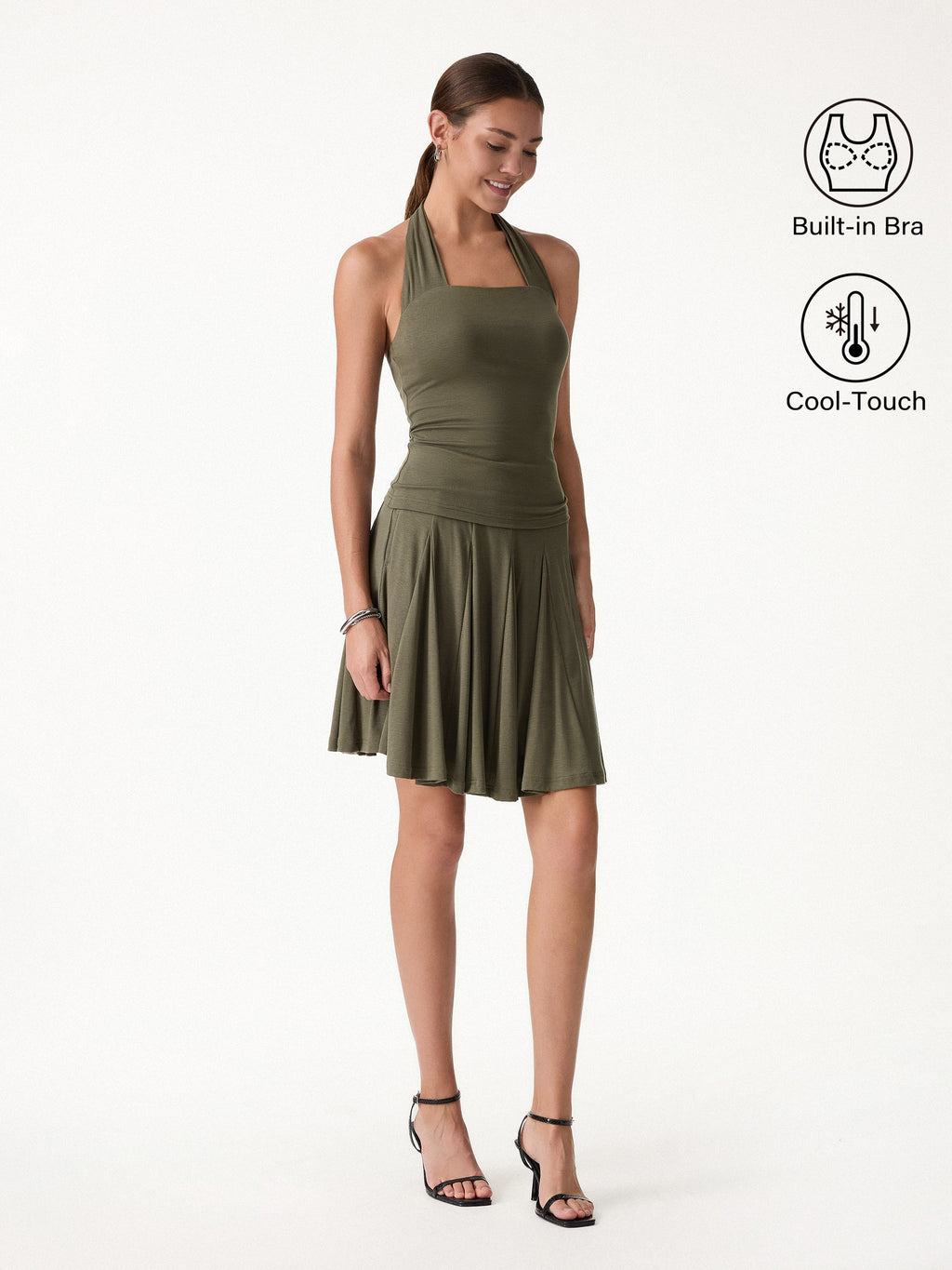OGLmove Halter Going-Out Bra Top & Knee-Length Flare Skirt Set