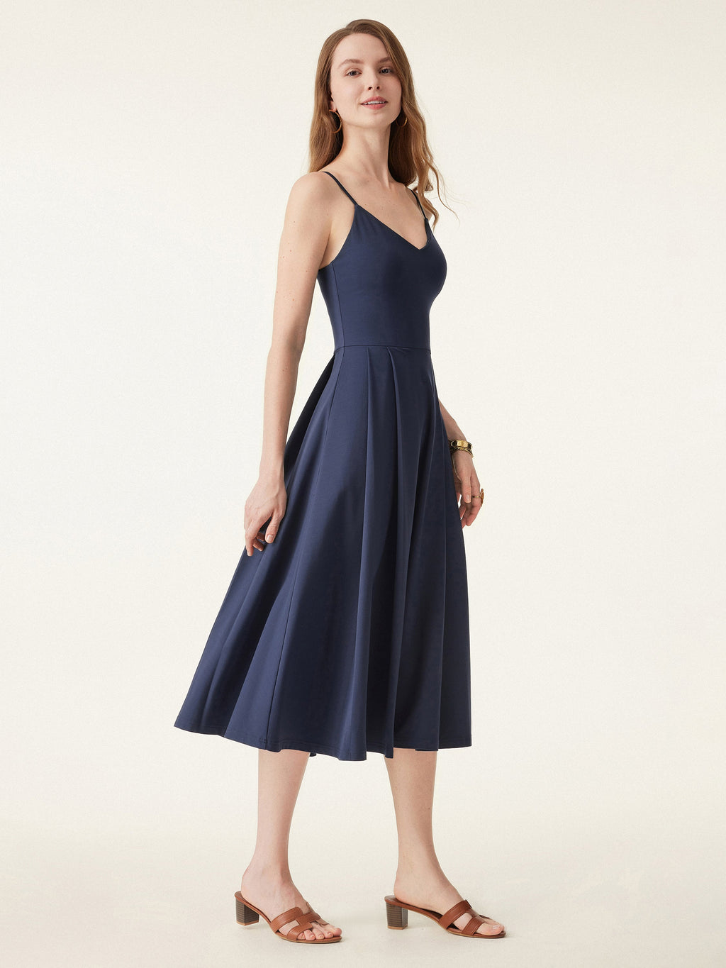 OGLmove Women's Bamboo Ponte V-Neck Fit-and-Flare Midi Bra Sundress with Pockets