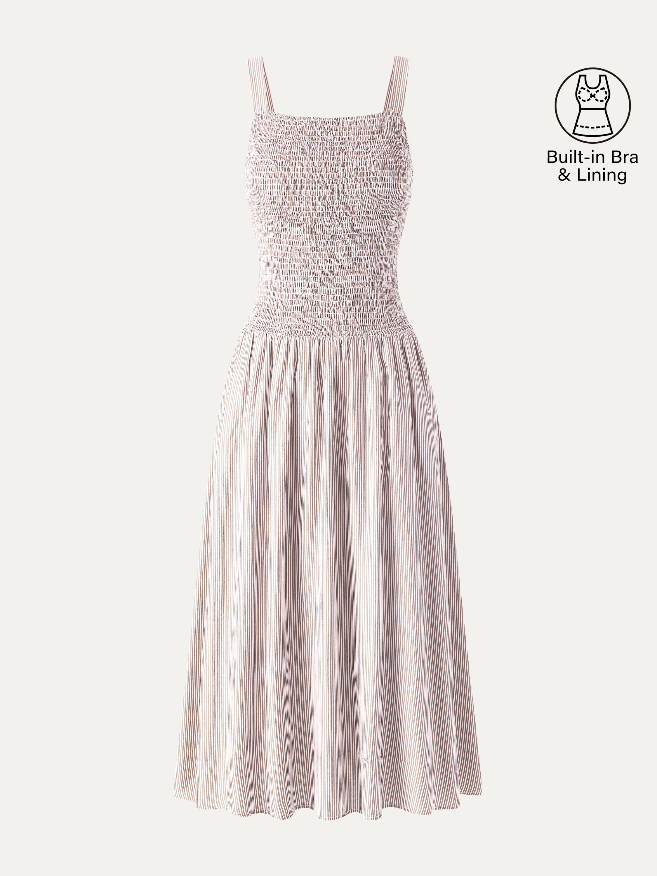 OGLmove Striped Poplin Square Neck Smocked Midi Bra Dress
