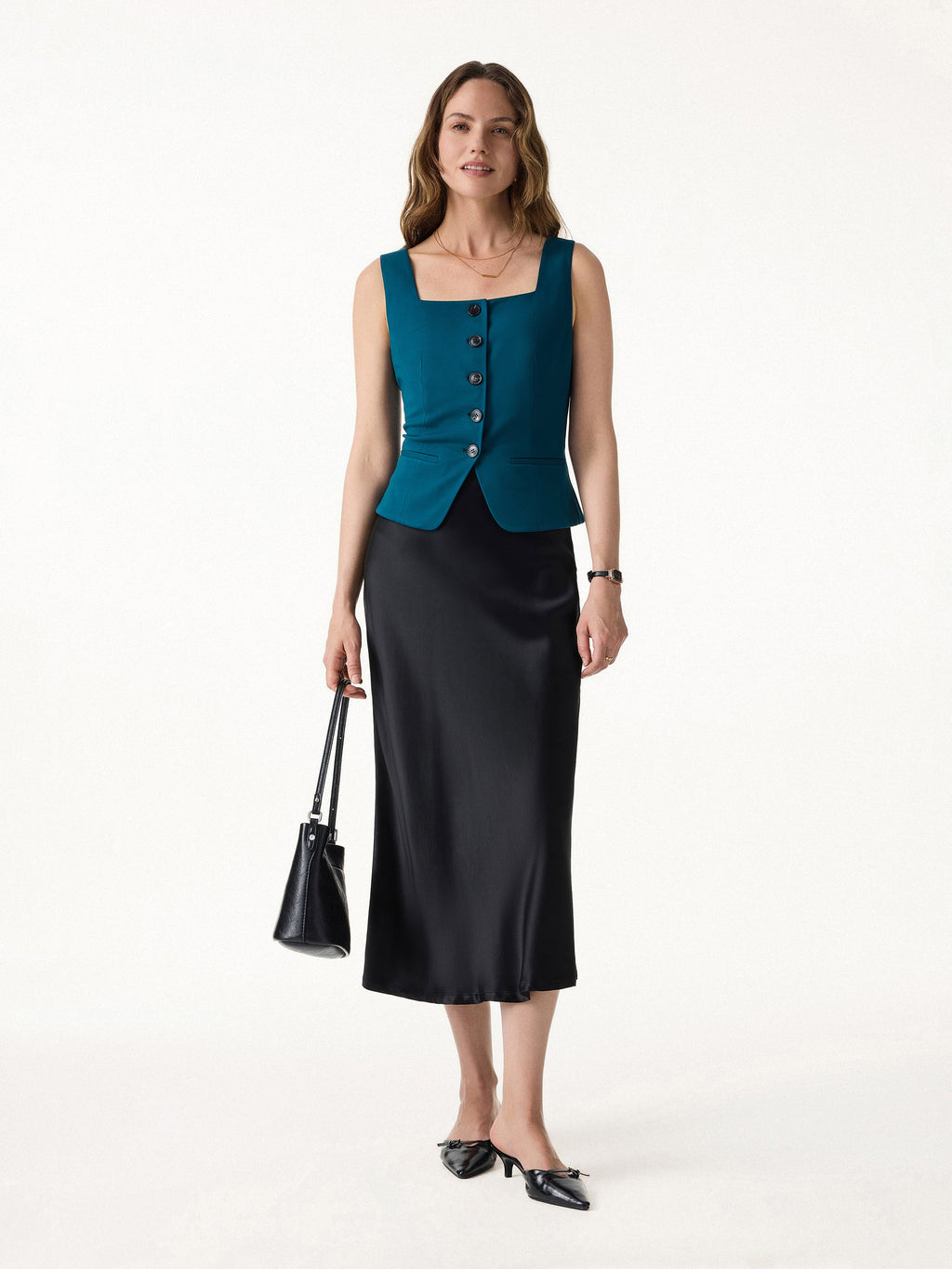 OGLmove Stretch Ponte Square Neck Cropped Waistcoat with Pockets