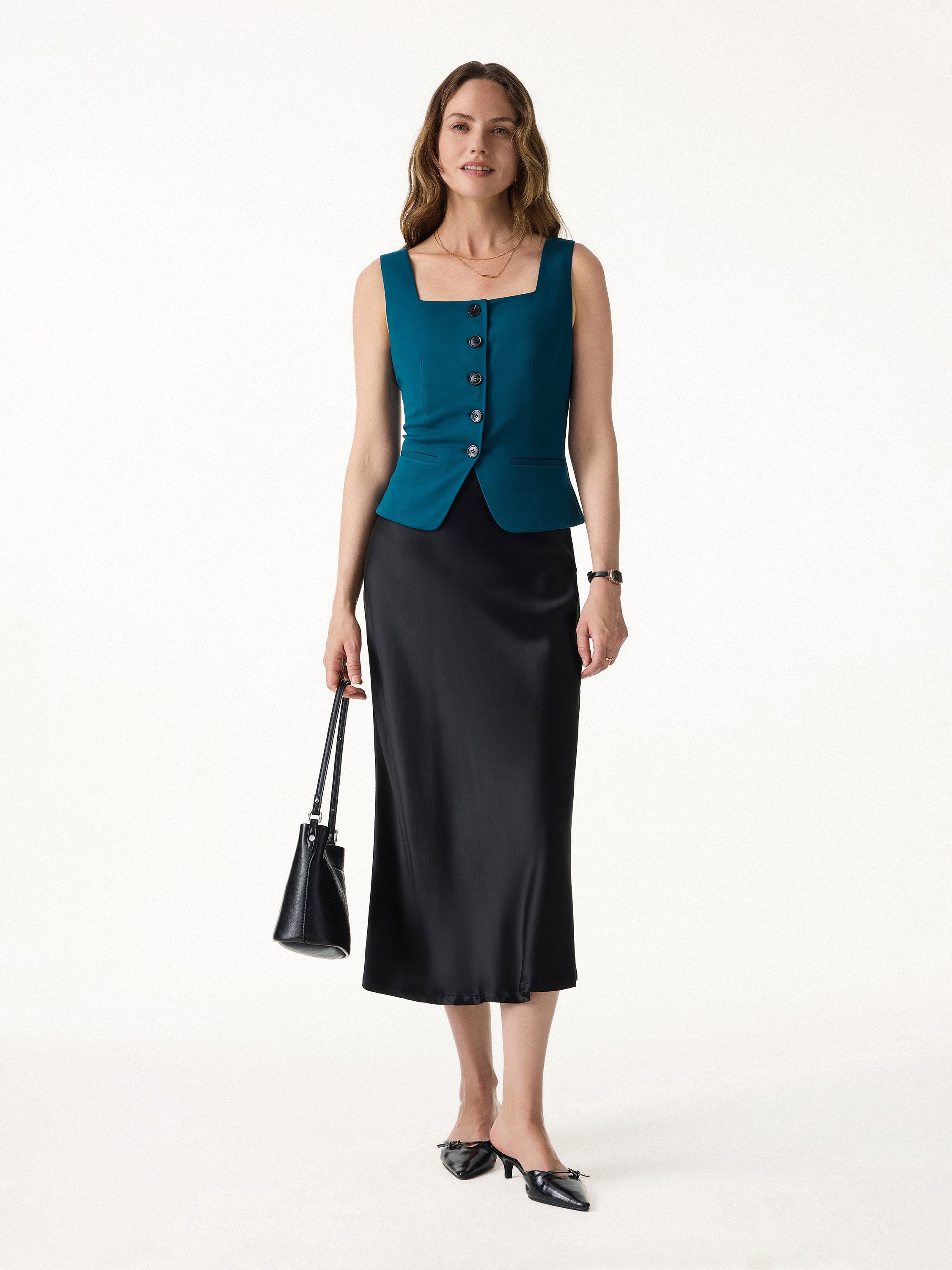 OGLmove Stretch Ponte Square Neck Cropped Waistcoat with Pockets