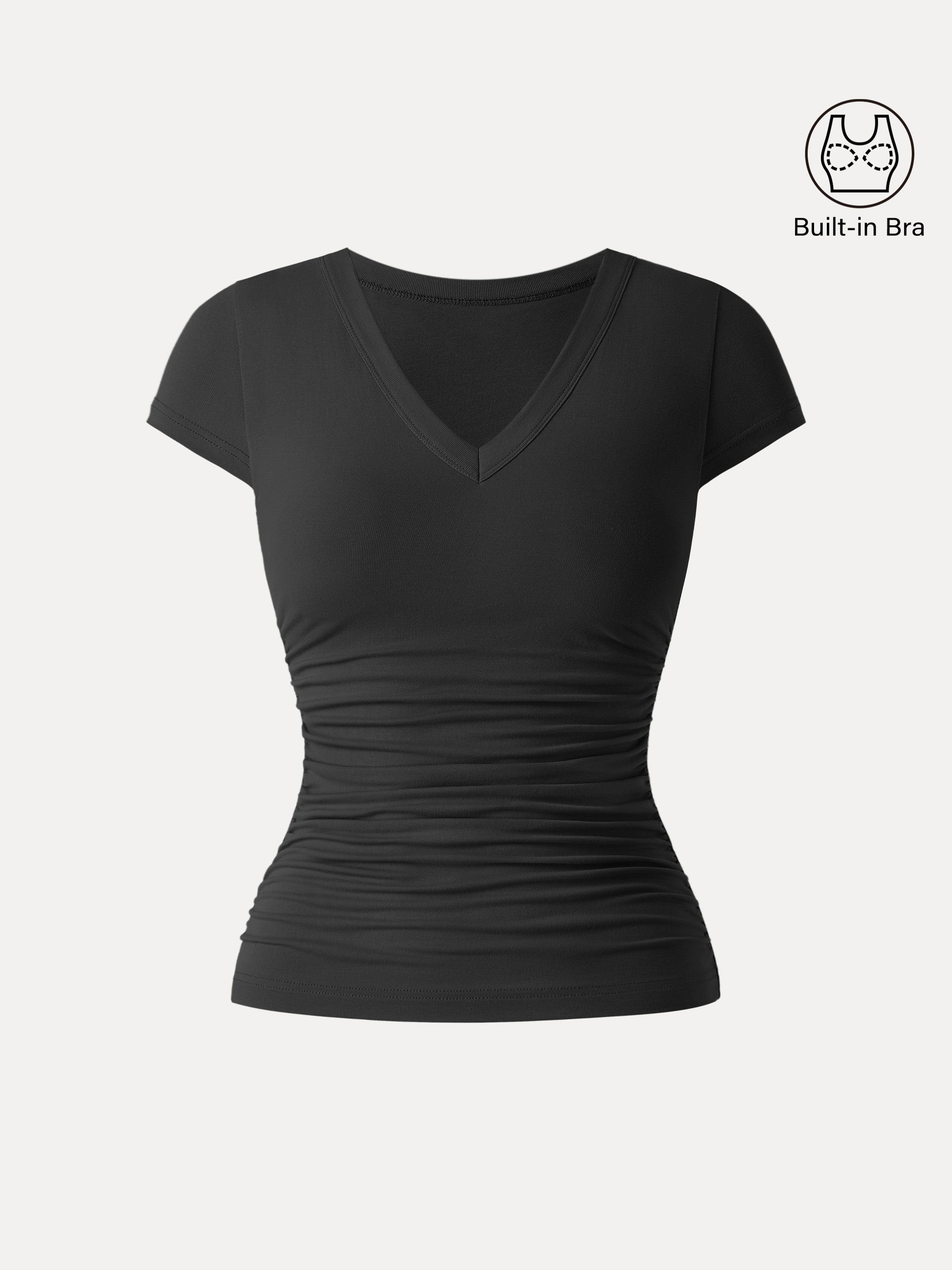 OGLmove Women's V-Neck Side Ruched Cap Sleeve Bra Tee