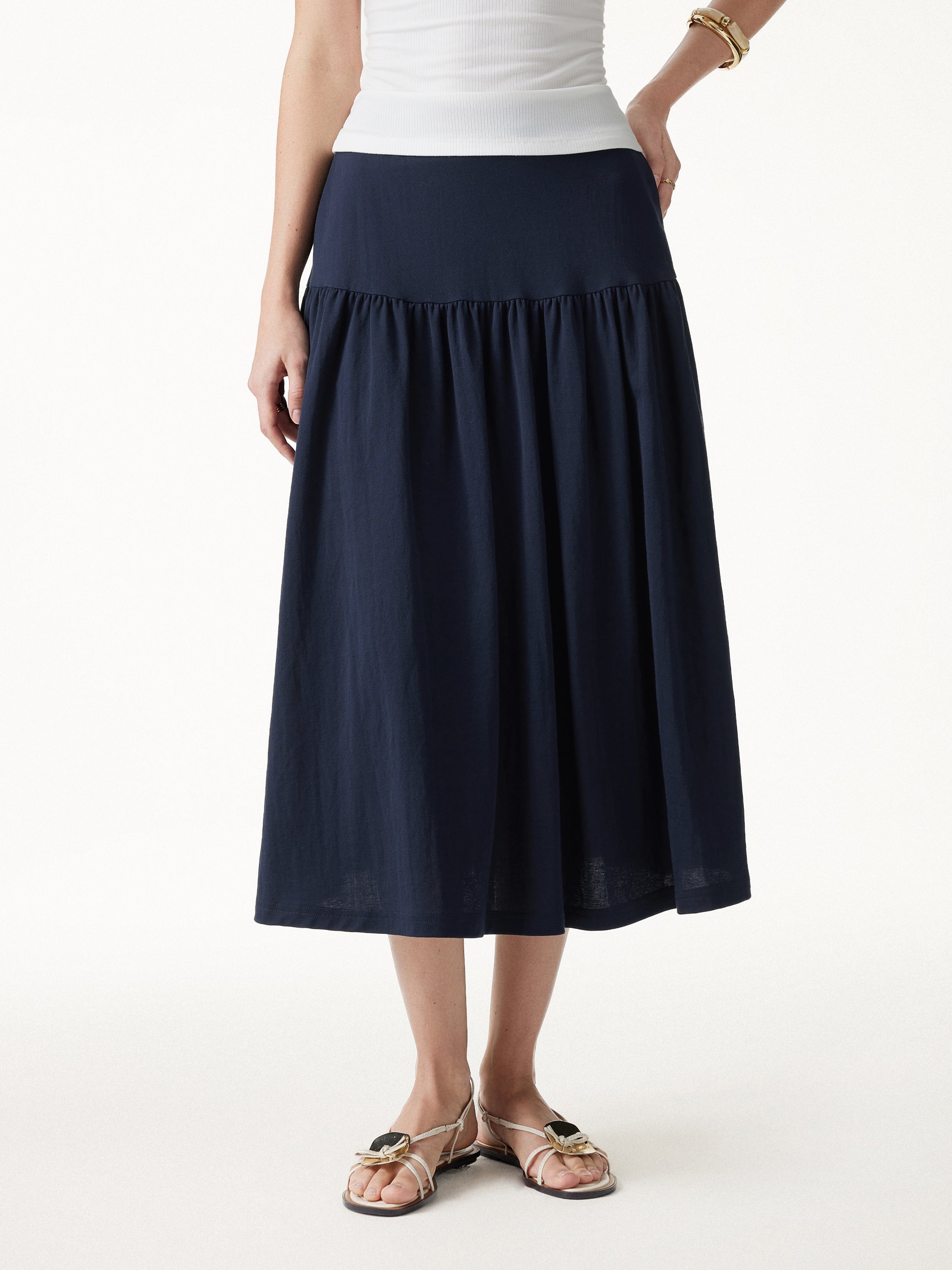 OGLmove Cotton-Linen Gathered Midi Skirt with Pockets