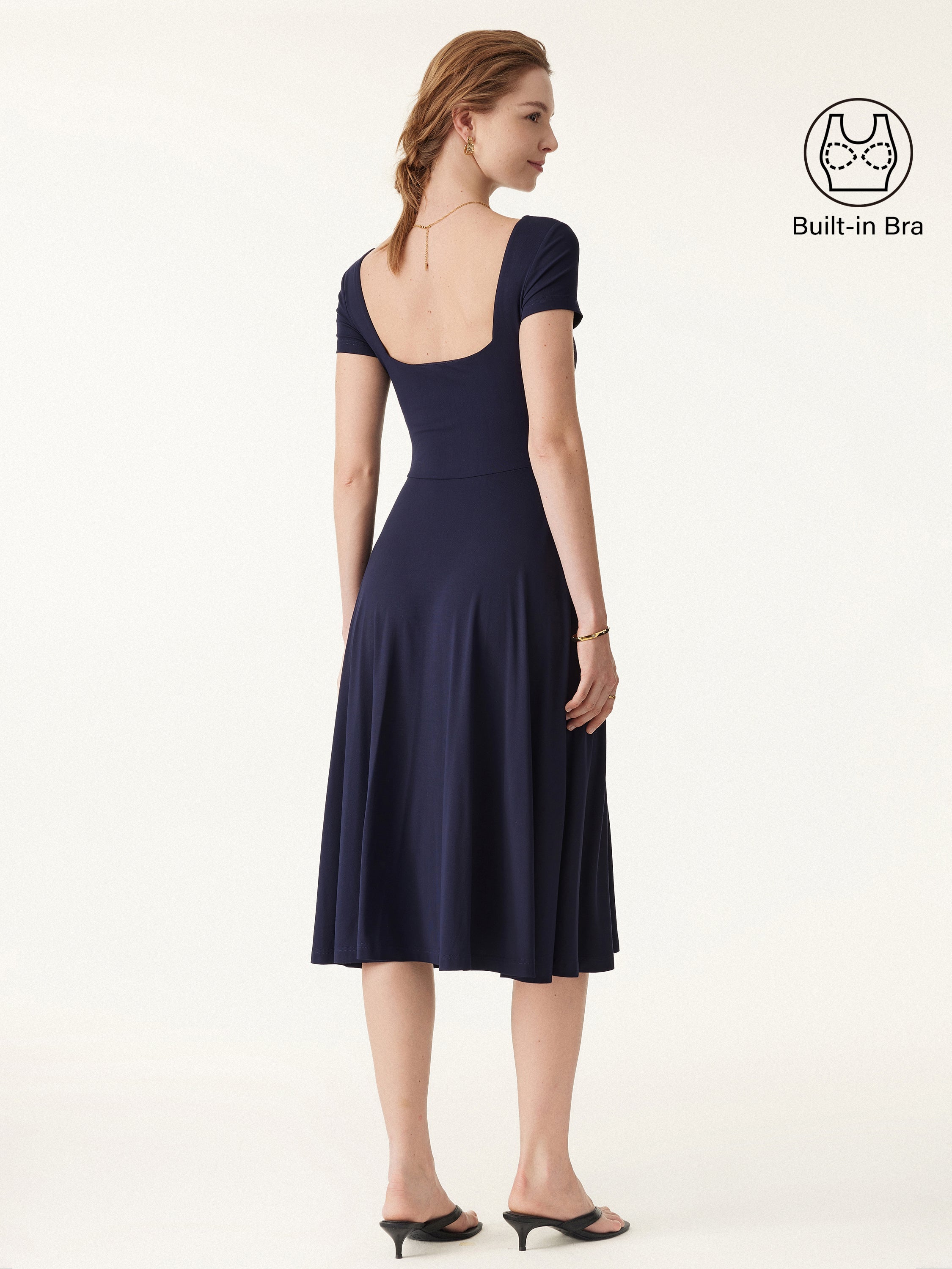 OGLmove Women's Flowy Square Neck Short Sleeve Midi Bra Dress