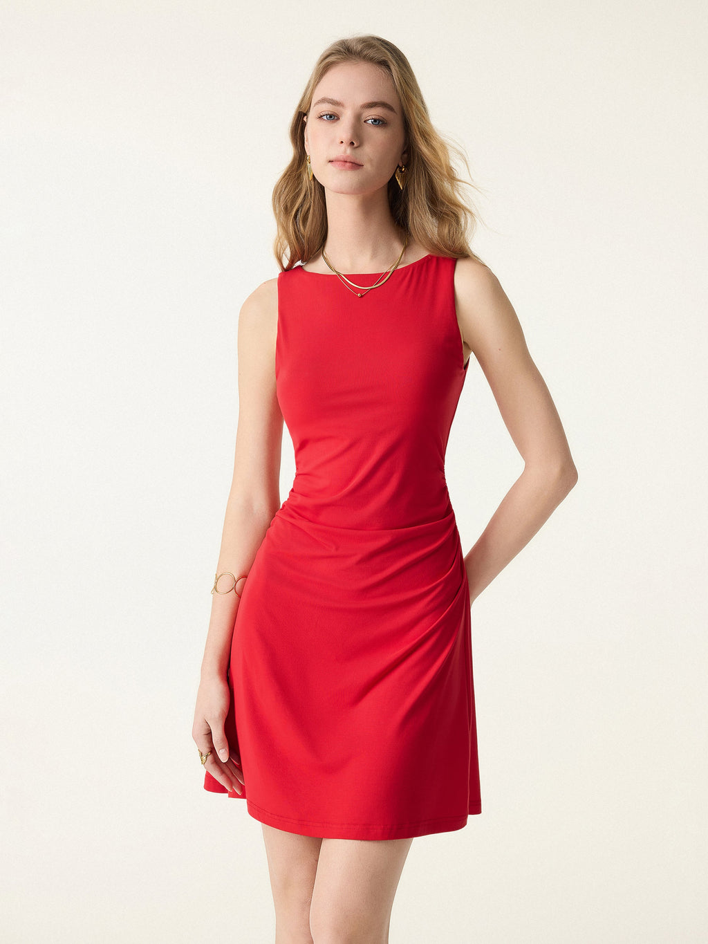 OGLmove Women's Boatneck Ruched A-Line Mini Bra Dress