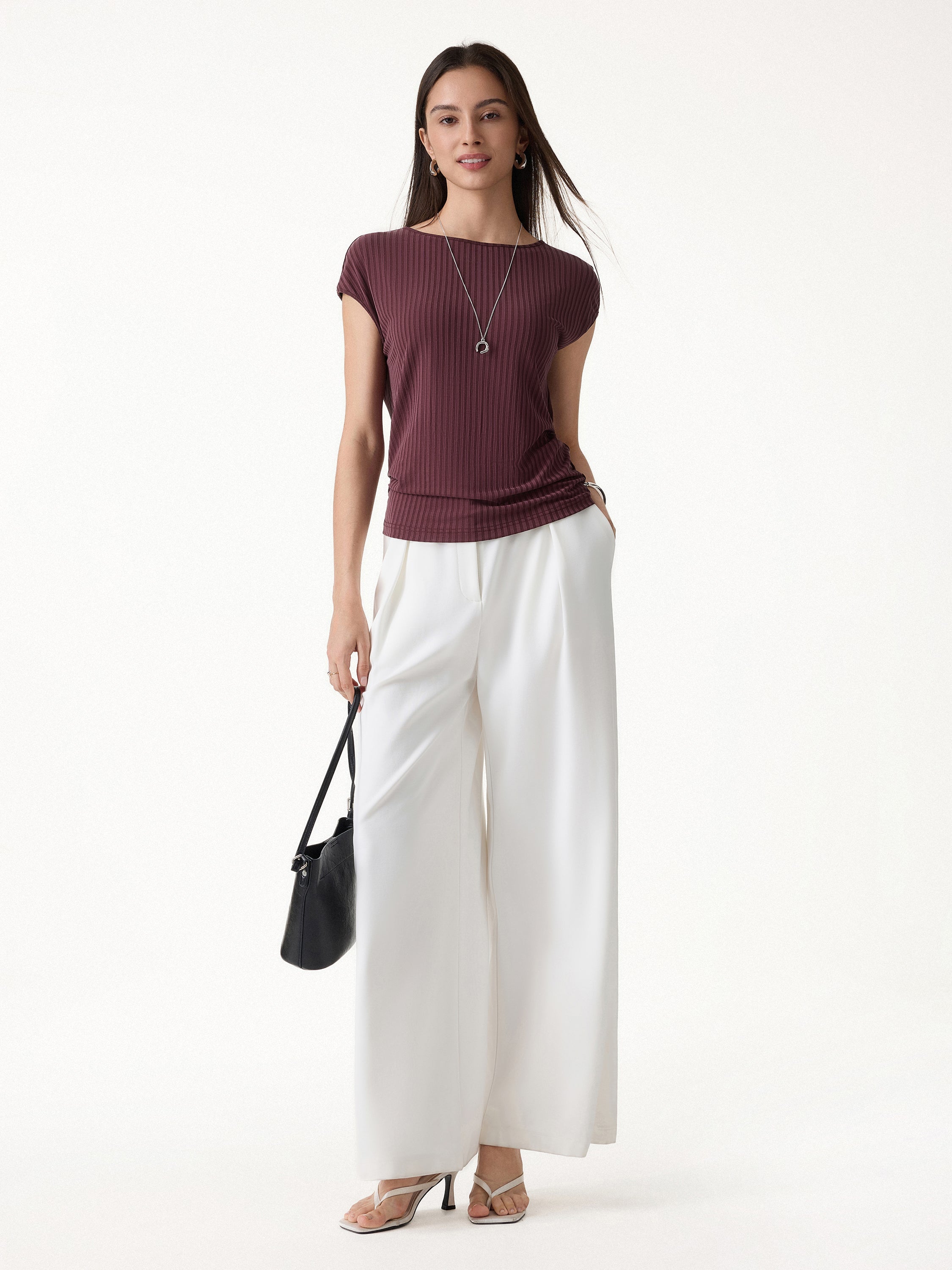 OGLmove Wrinkle-Free Ultra-Soft Boatneck Cap Sleeve Ribbed Top