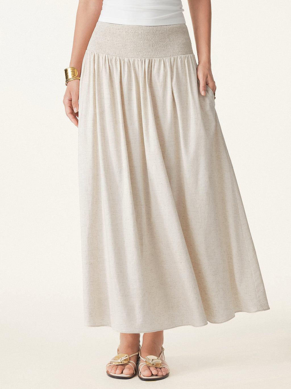 OGLmove European Linen Smocked Waist Skirt With Pockets