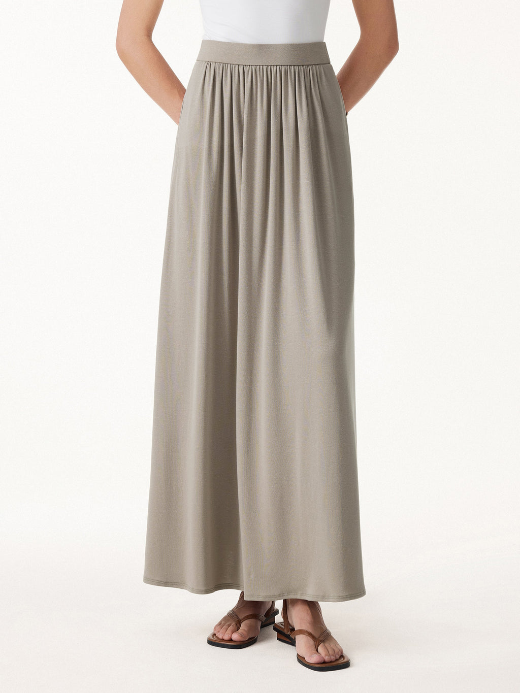 OGLmove Soft Linen Knit Gathered A-Line Maxi Skirt with Pockets