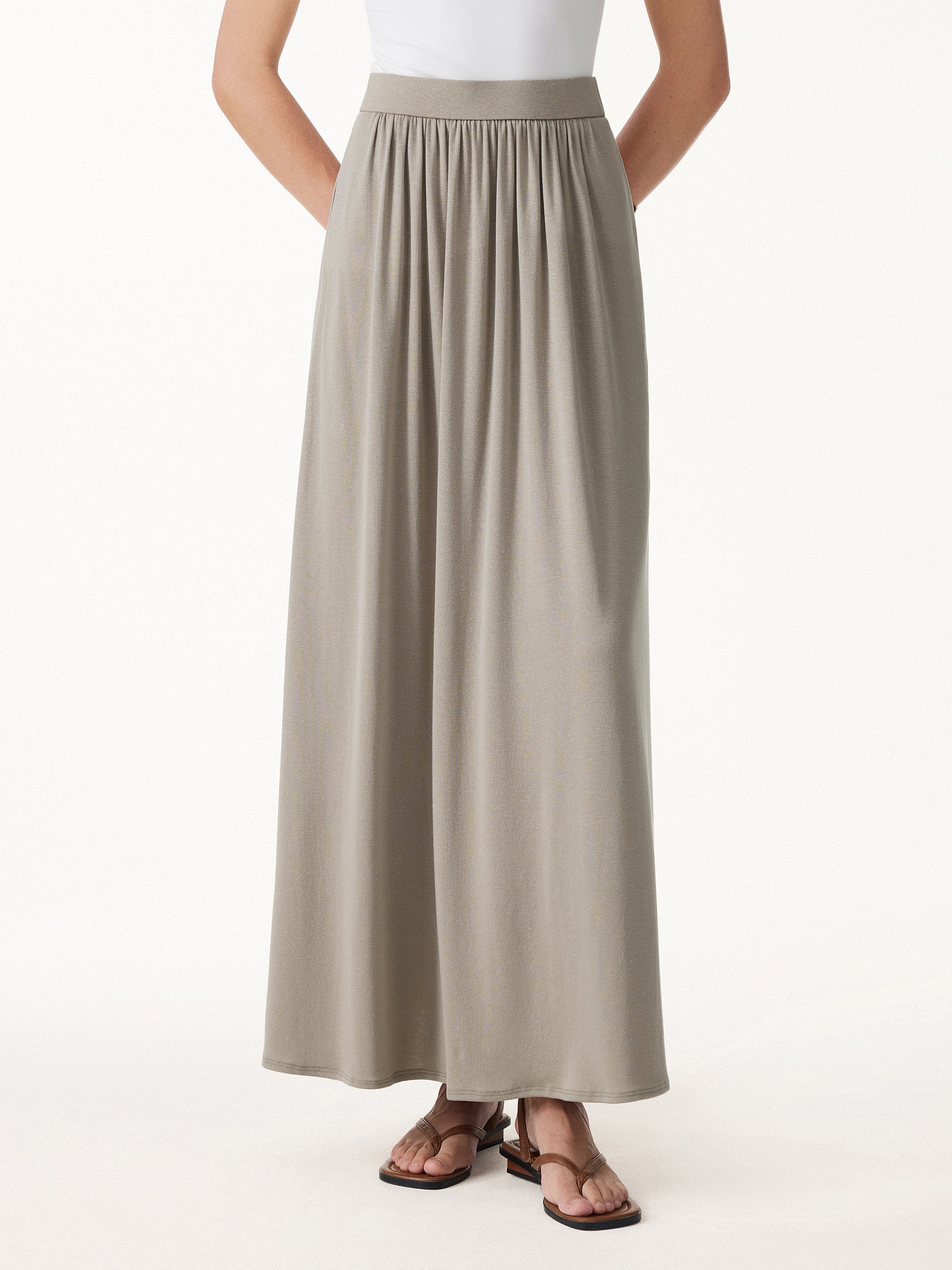 OGLmove Soft Linen Knit Gathered A-Line Maxi Skirt with Pockets