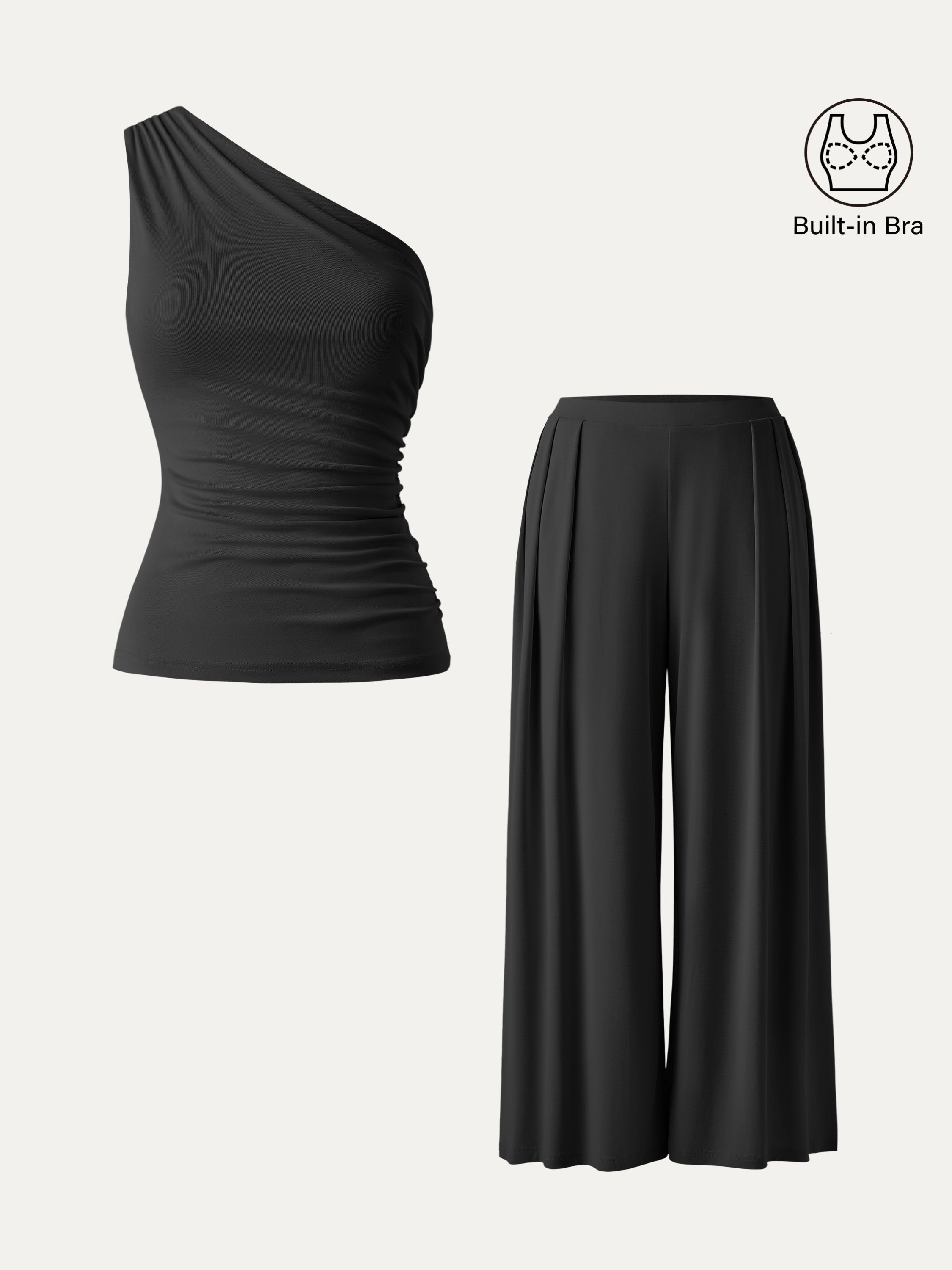 OGLmove 2Pcs Set Petite Wide Leg Palazzo Pant with Pockets & Ruched Bra Tank