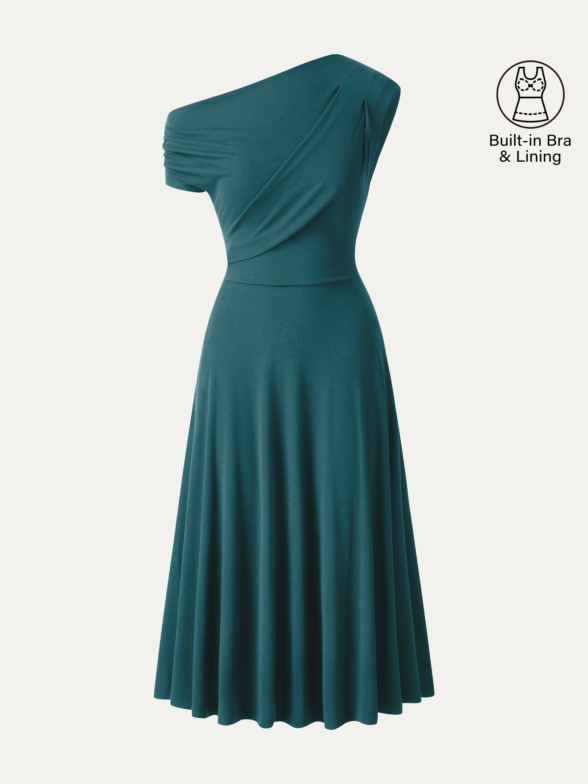 OGLmove Asymmetrical Shoulder Tucked Midi Bra Dress with Pockets