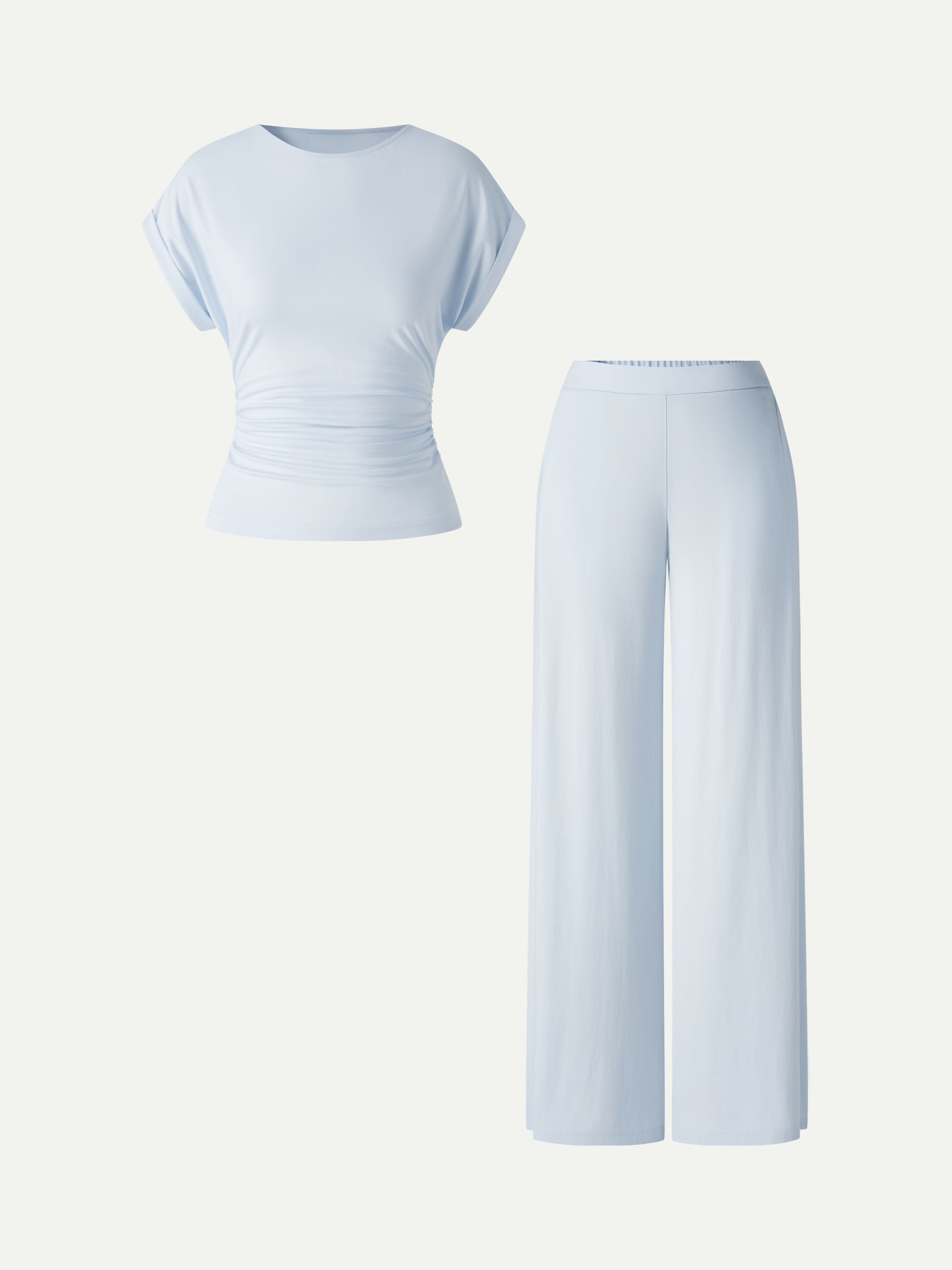 OGLmove Women's 2-Piece Set Round Neck Ruched Tee Wide Leg