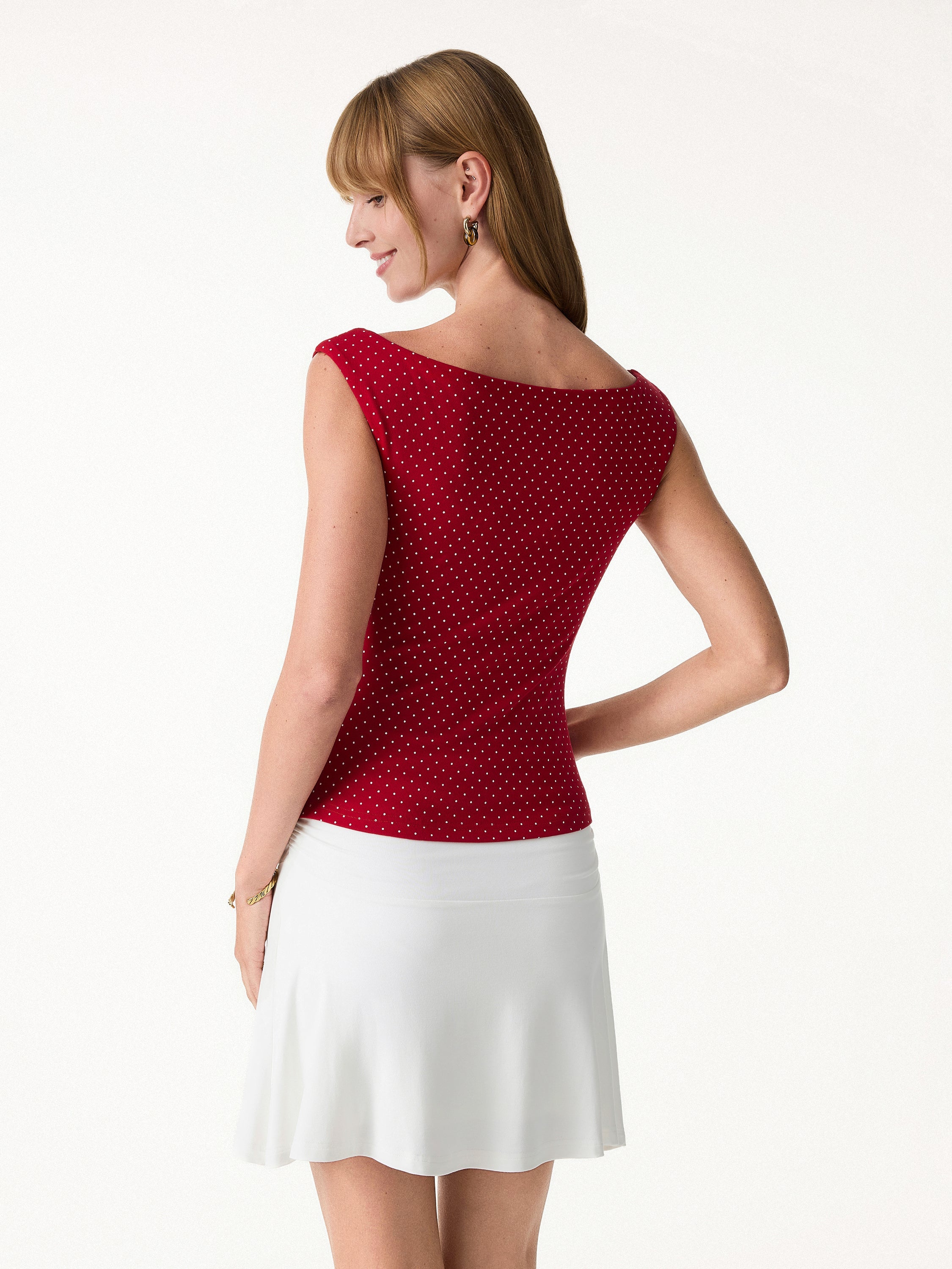 OGLmove Polka Dot Boatneck Bra Top & A-Line Flare Skirt Set