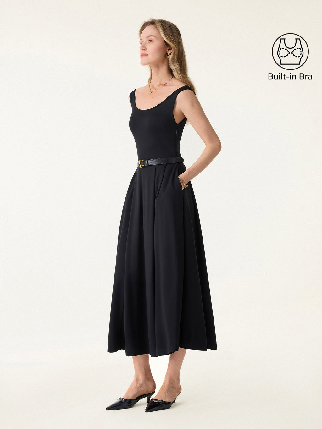 OGLmove Women's Scoop Neck Midi Bra Dress with Pockets
