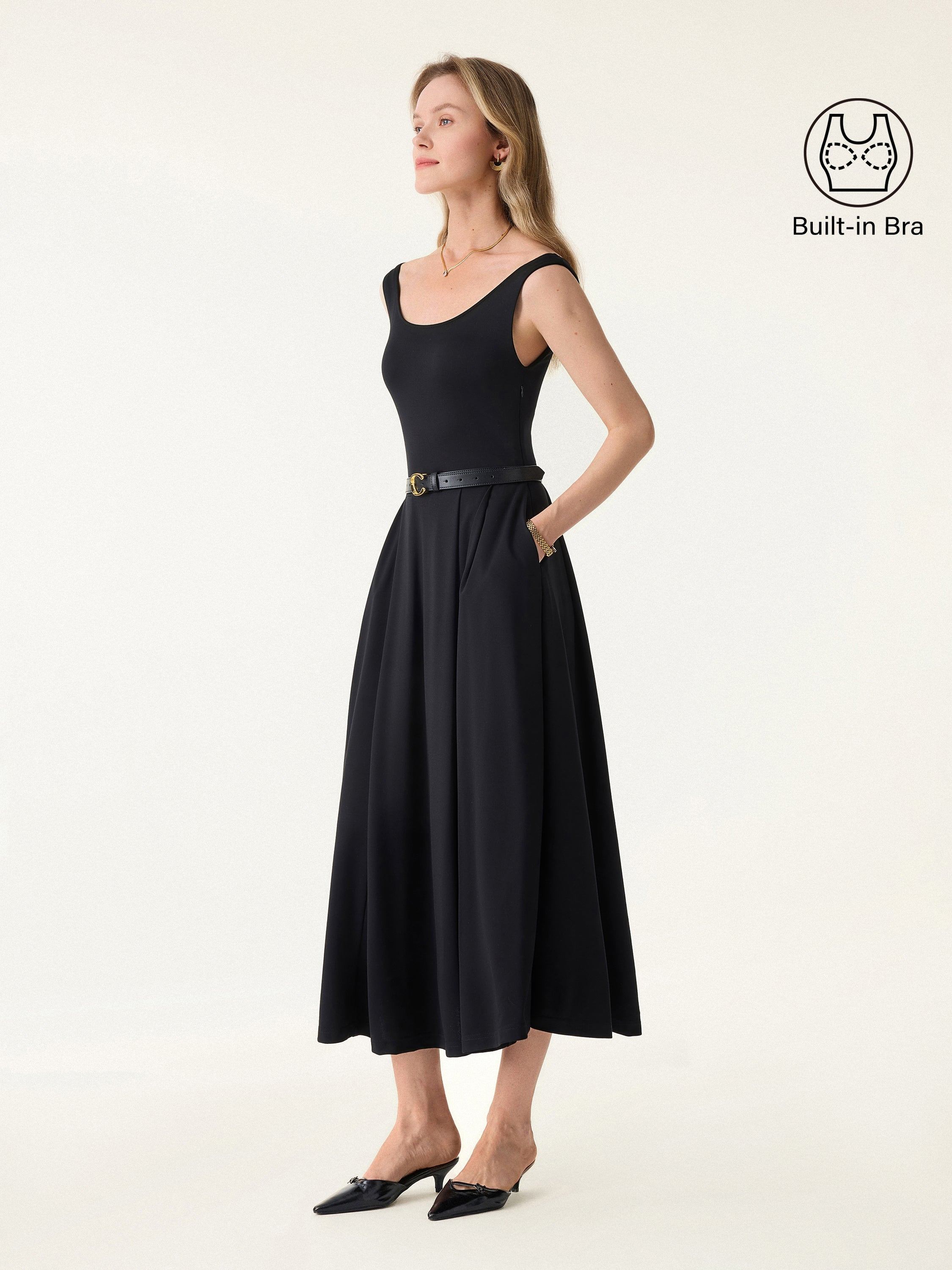 OGLmove Women's Scoop Neck Midi Bra Dress with Pockets