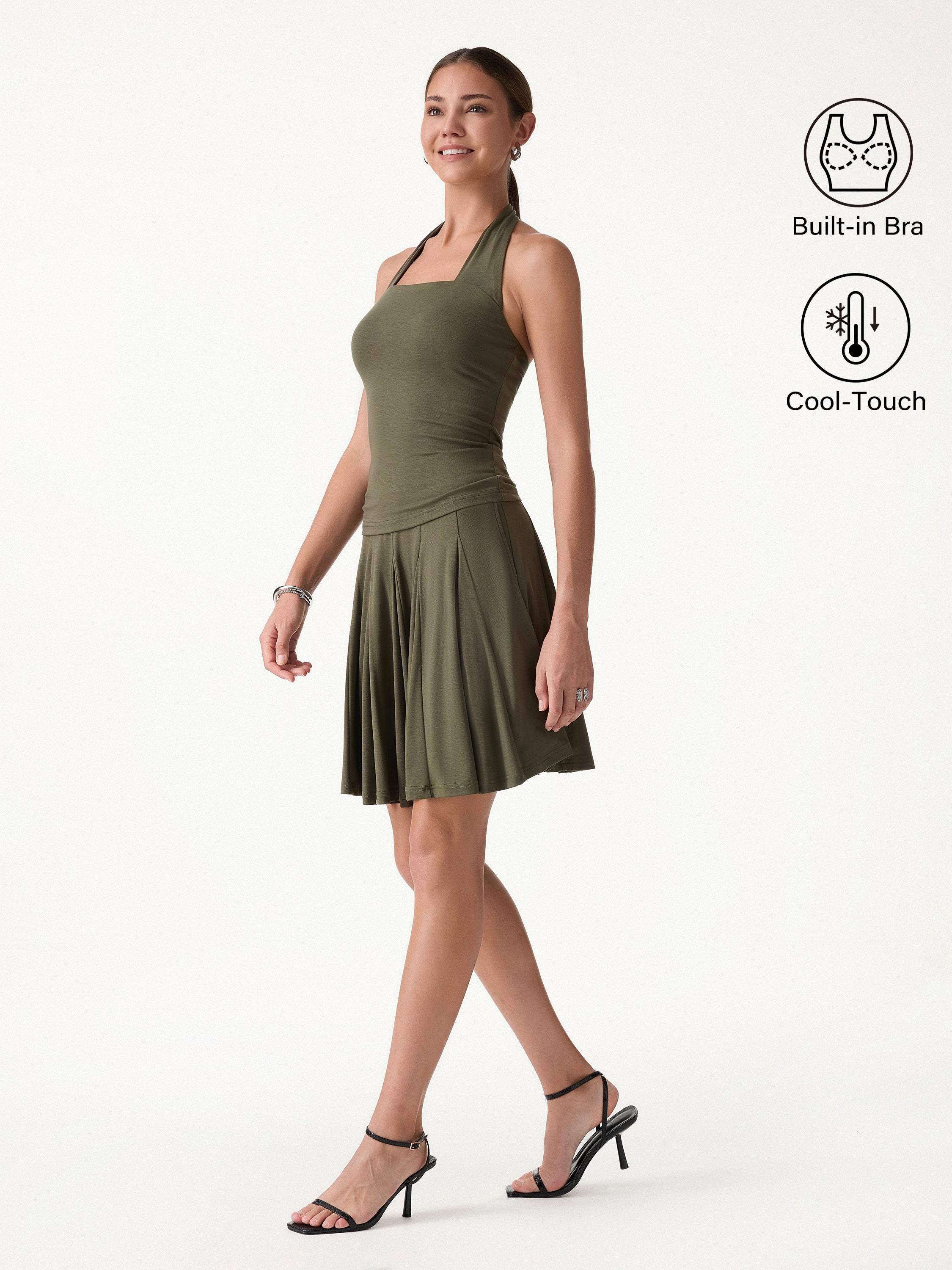 OGLmove Halter Going-Out Bra Top & Knee-Length Flare Skirt Set